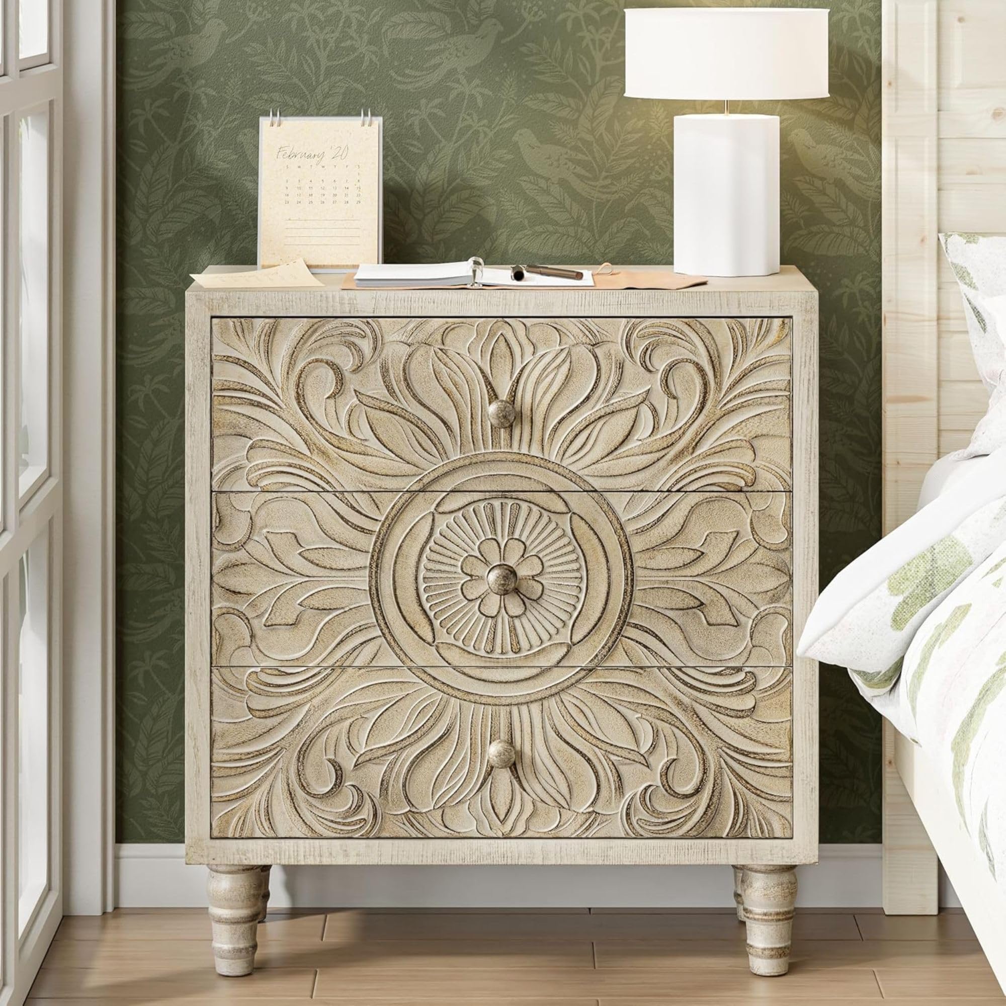 3-Drawer Carved Floral Dresser with Distressed White Finish