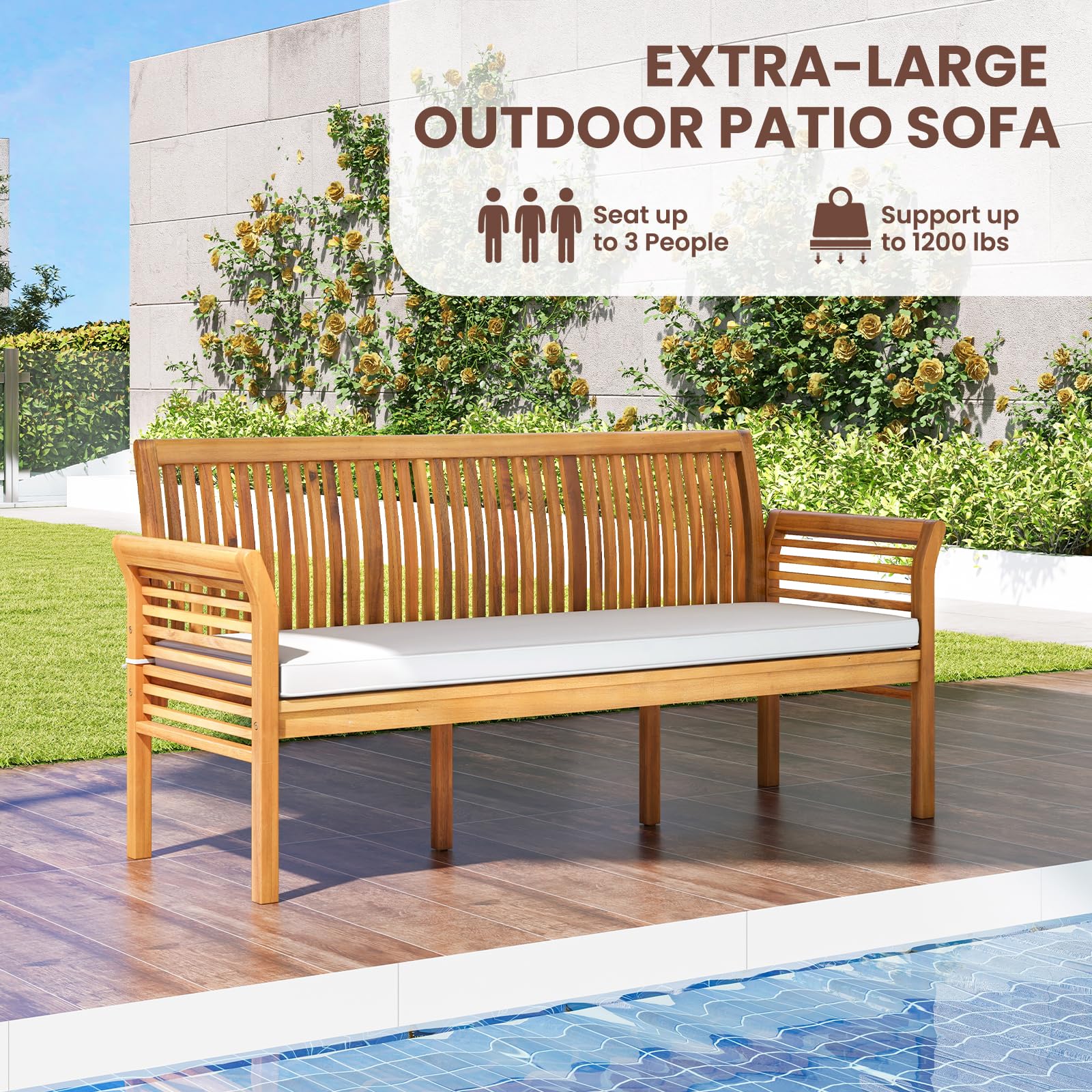 3-Person Acacia Wood Outdoor Bench with Cushion