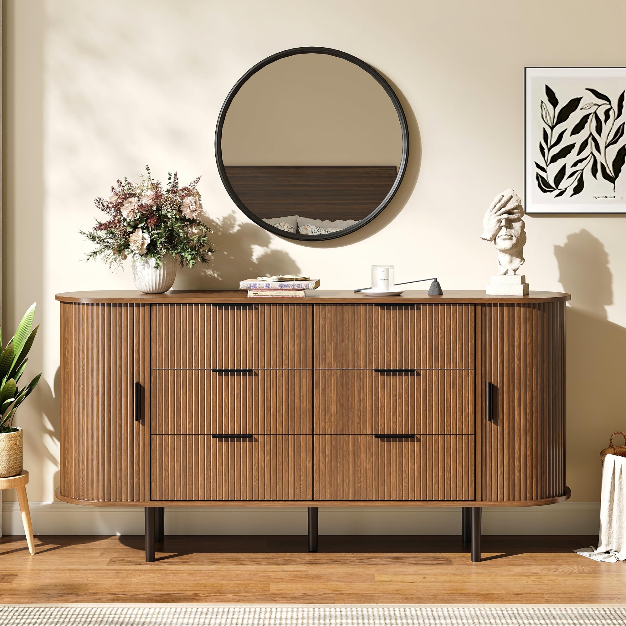 Fluted 6 Drawer Dresser 63" Wide with Metal Handles