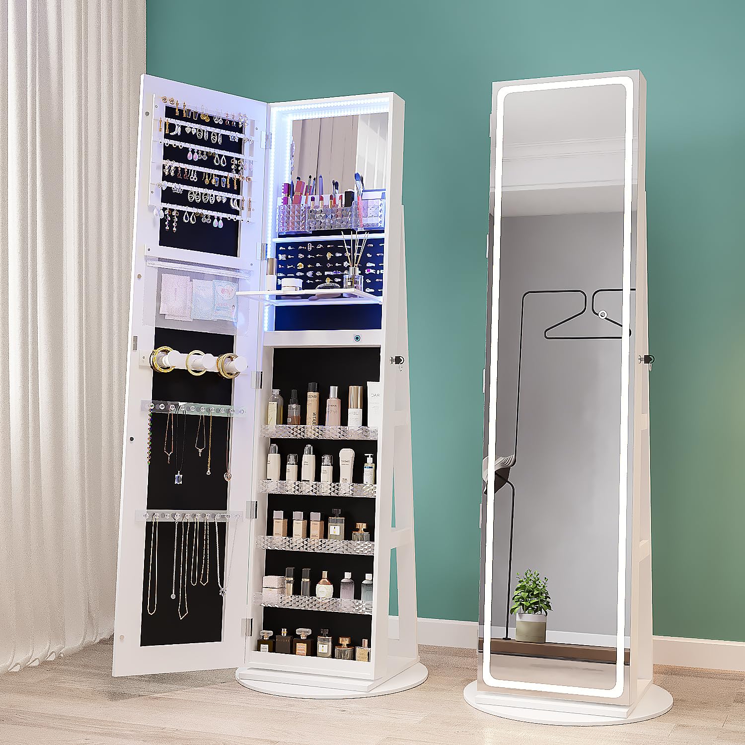 Swivel LED Mirror Jewelry Cabinet Armoire Full Length with Storage