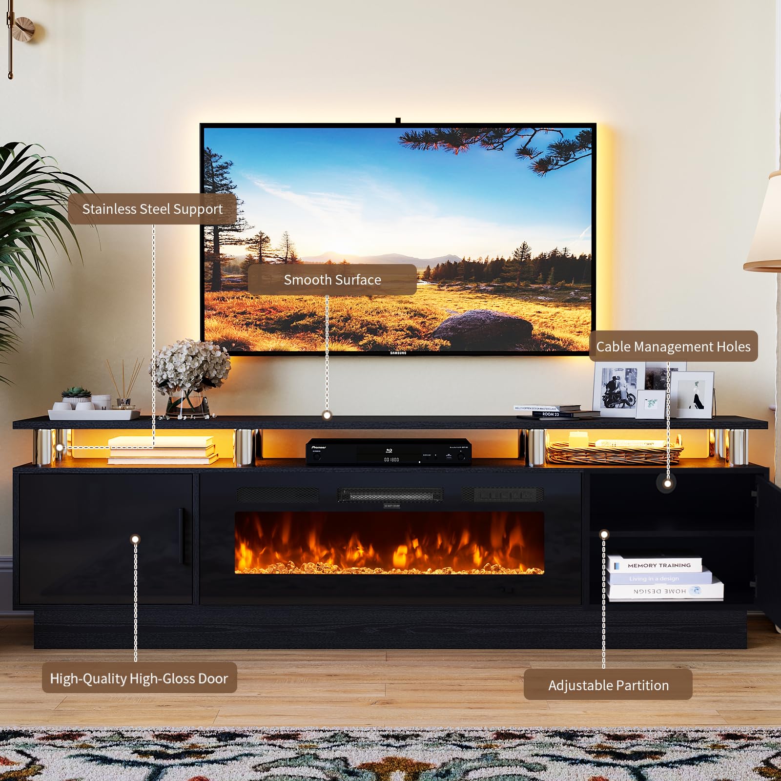 70" TV Stand with Electric Fireplace and Storage Cabinet