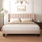 King Upholstered Platform Bed Frame with Teddy Velvet Headboard