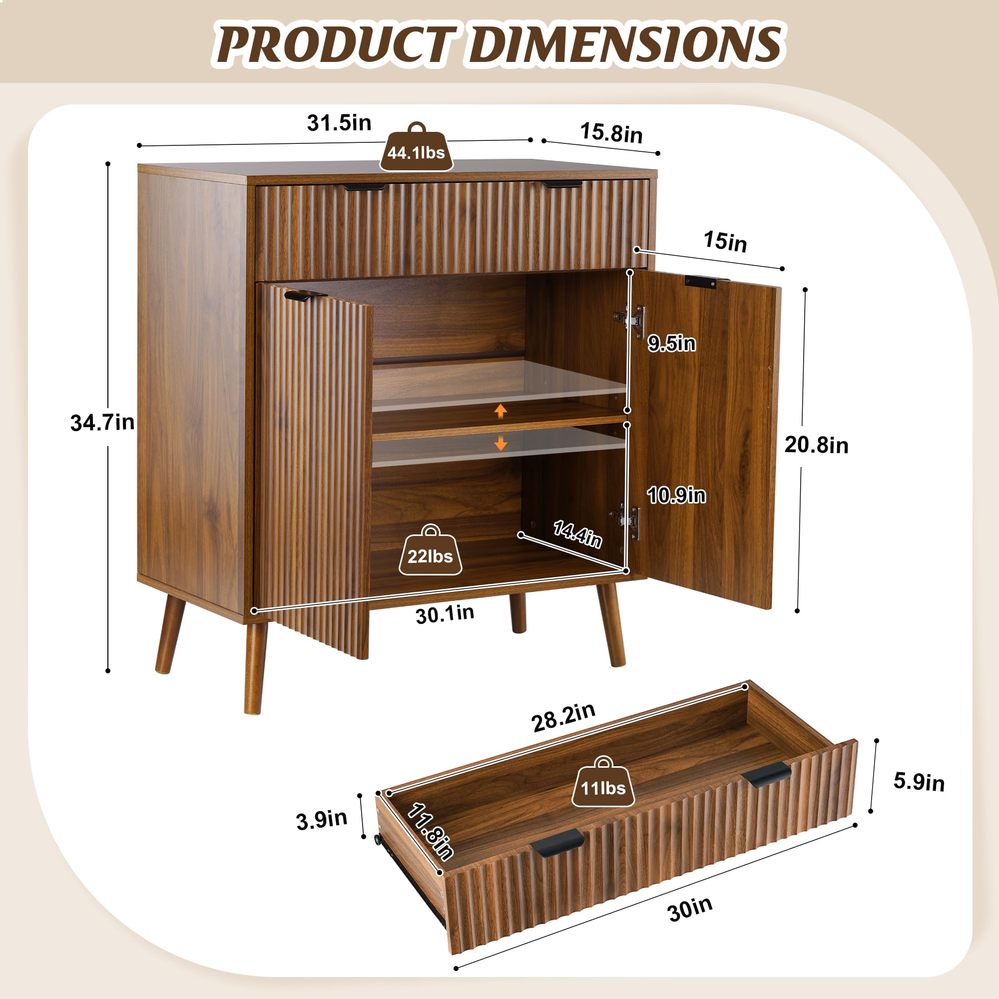 Fluted Sideboard Buffet Cabinet with Storage