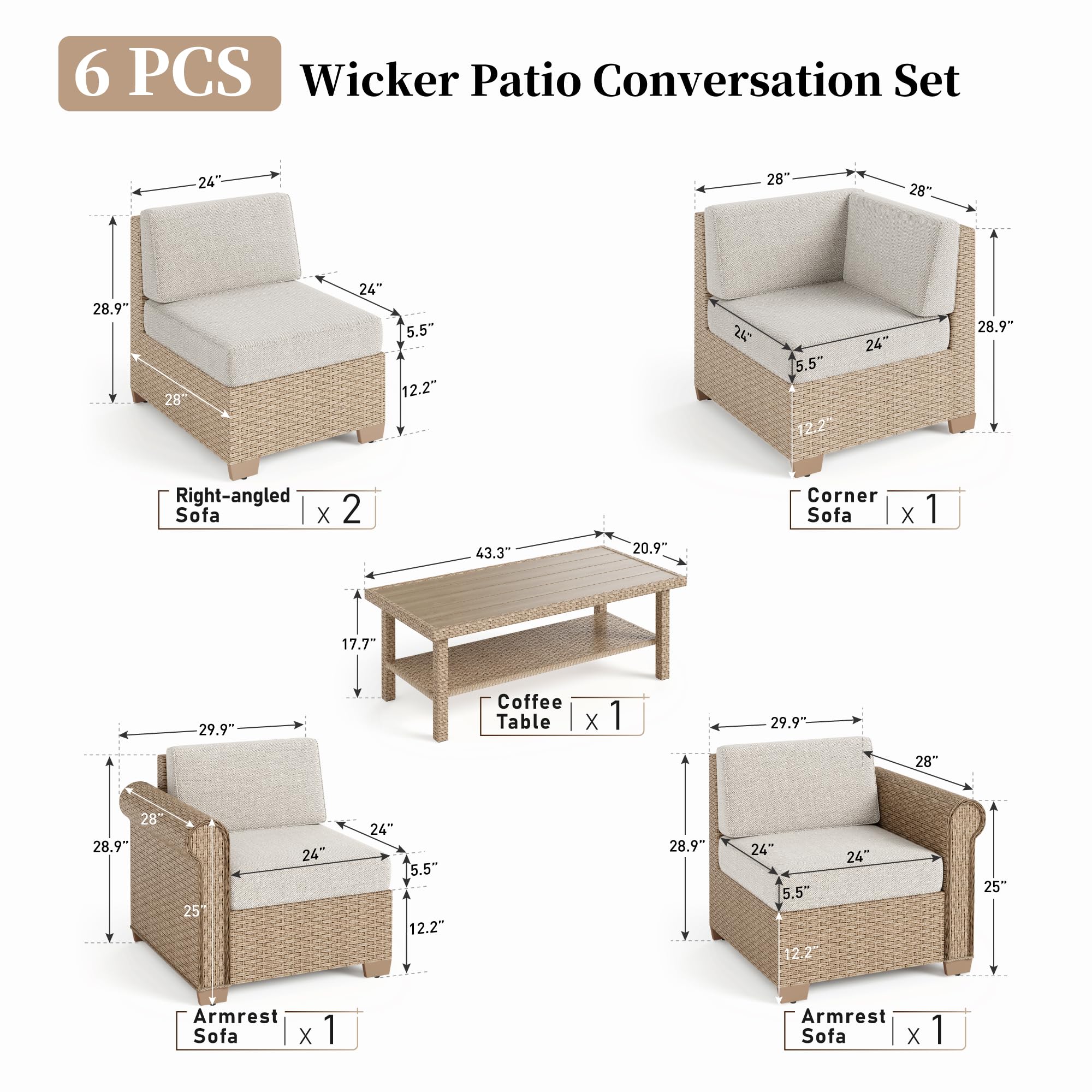 6-Piece Wicker Rattan Sectional Sofa Set with Waterproof Cushions