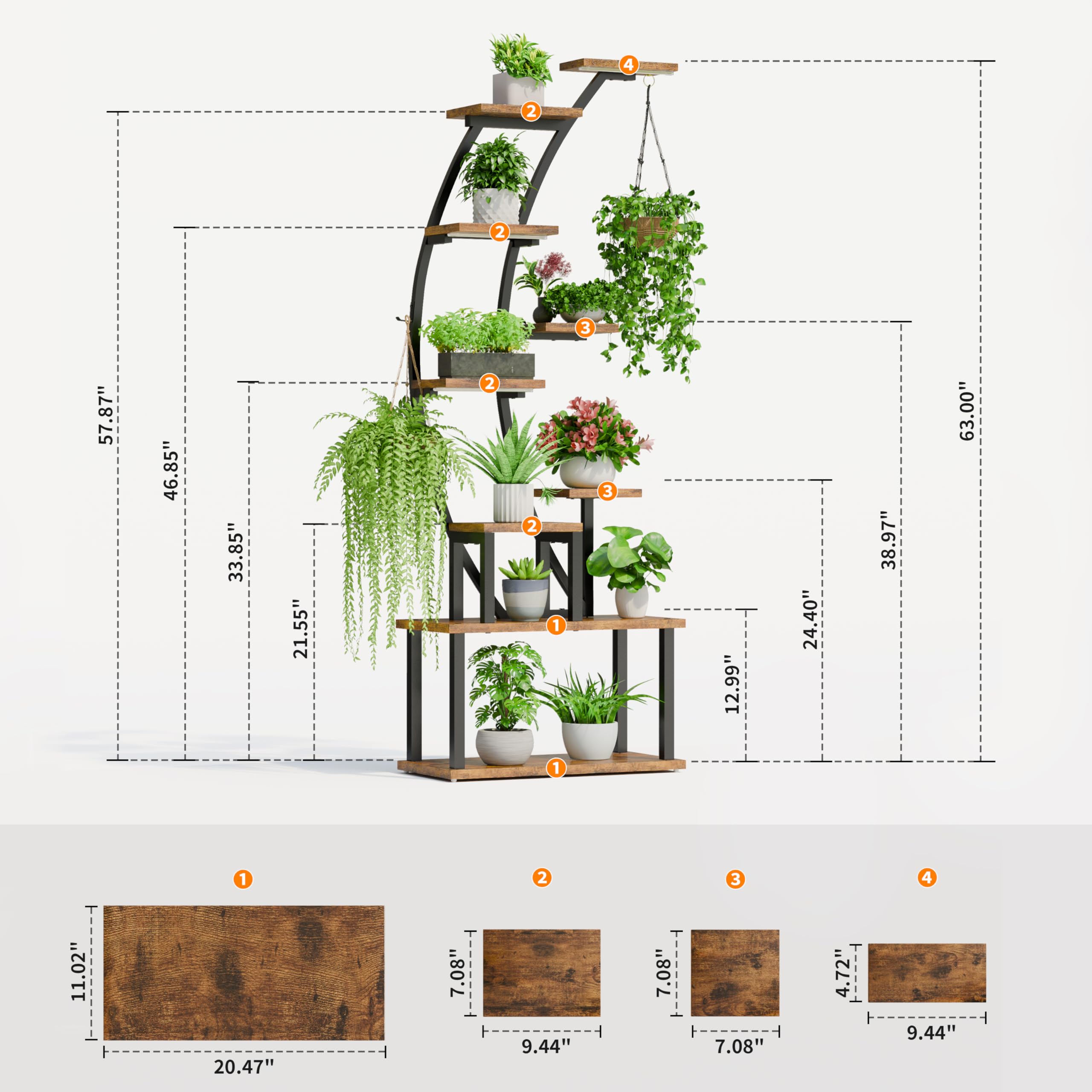9-Tier Plant Stand with Grow Lights 63" Tall