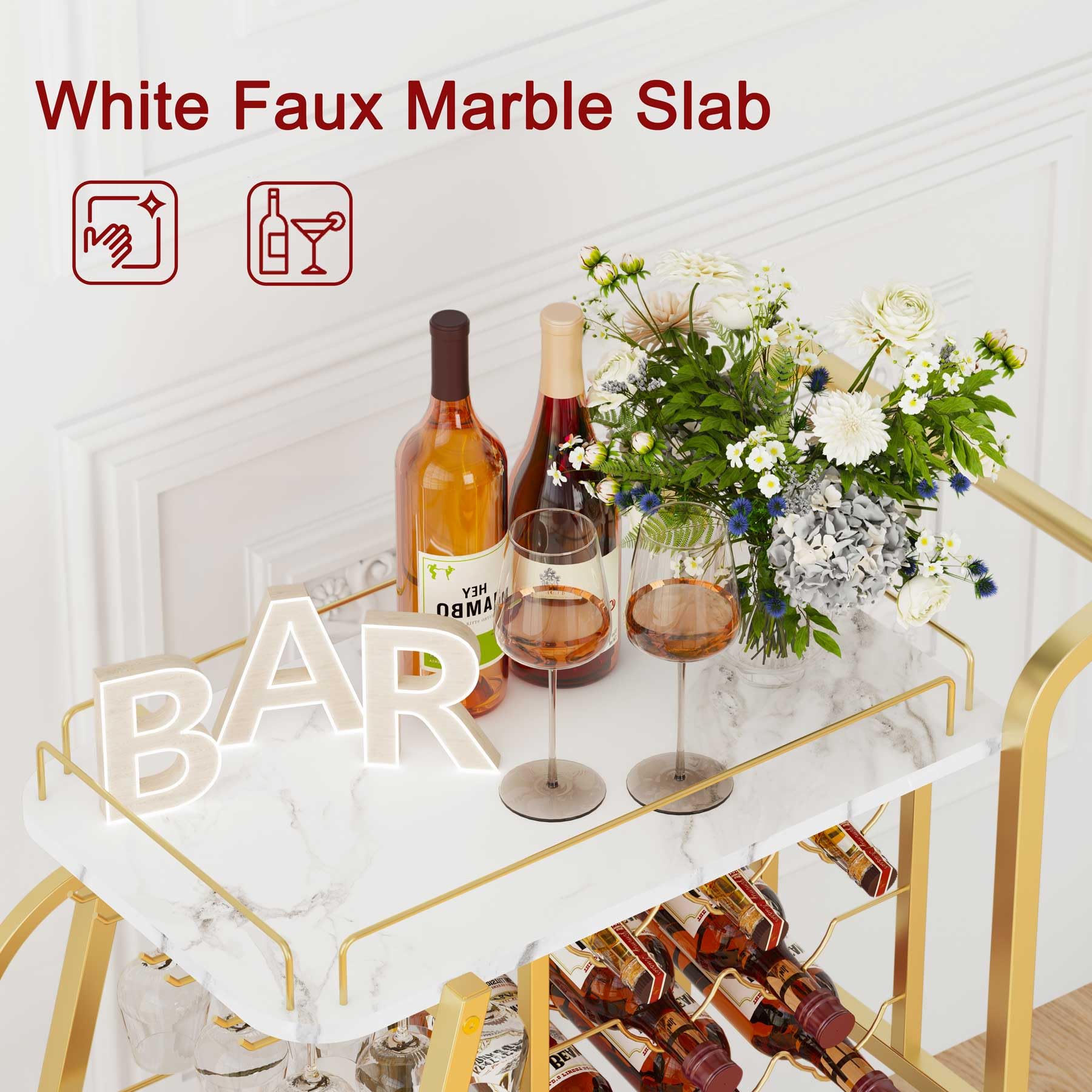 3-Tier Gold Bar Cart with Wine Glass Holder