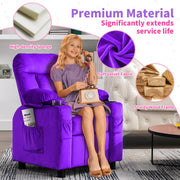 Kids Recliner, Toddlers Kids Recliner Chair with Cup Holder, Ergonomic Adjustable Velvet Lounge Chair with Footrest & Side Pockets, Toddlers Baby Sofa for Boys Girls Bedroom (Purple)