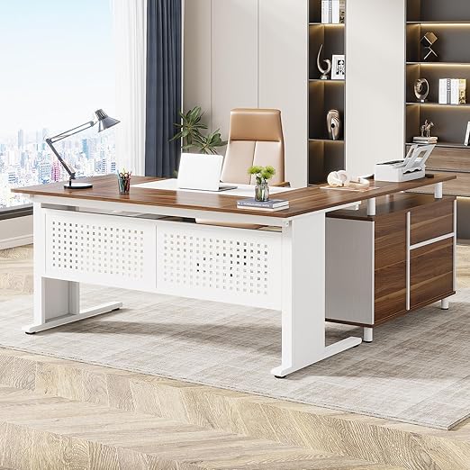 L-Shaped Executive Desk with File Cabinet