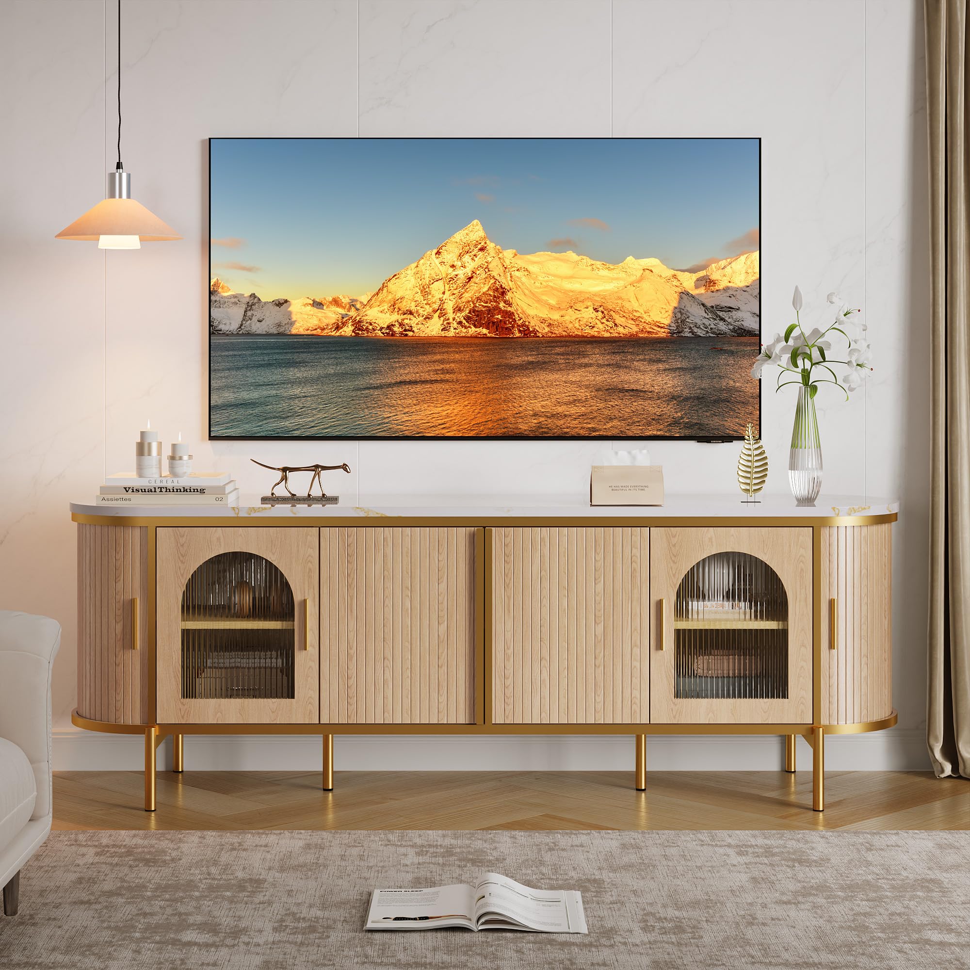 70" Fluted TV Stand with Reeded Glass Door