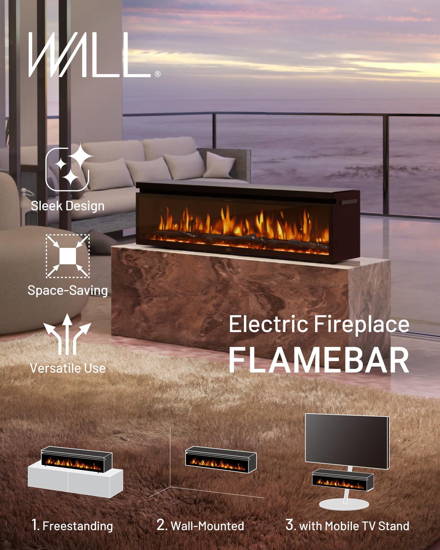 40" Electric Fireplace Wall Mount with WiFi Control