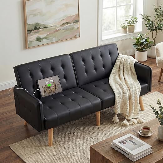 Pink Velvet Convertible Sofa Bed with USB Ports