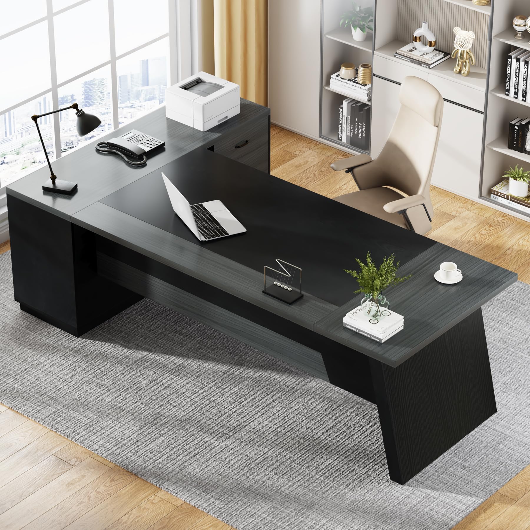78" L-Shaped Executive Desk with Drawers and File Cabinet