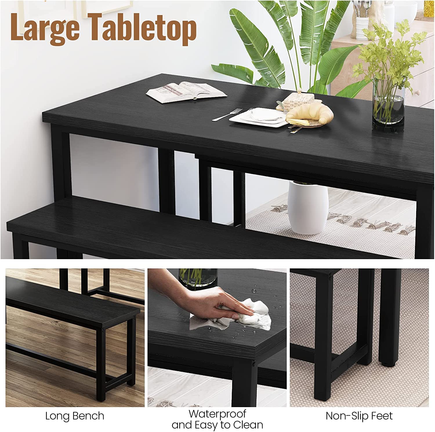 Dining Table Set with 2 Benches Black