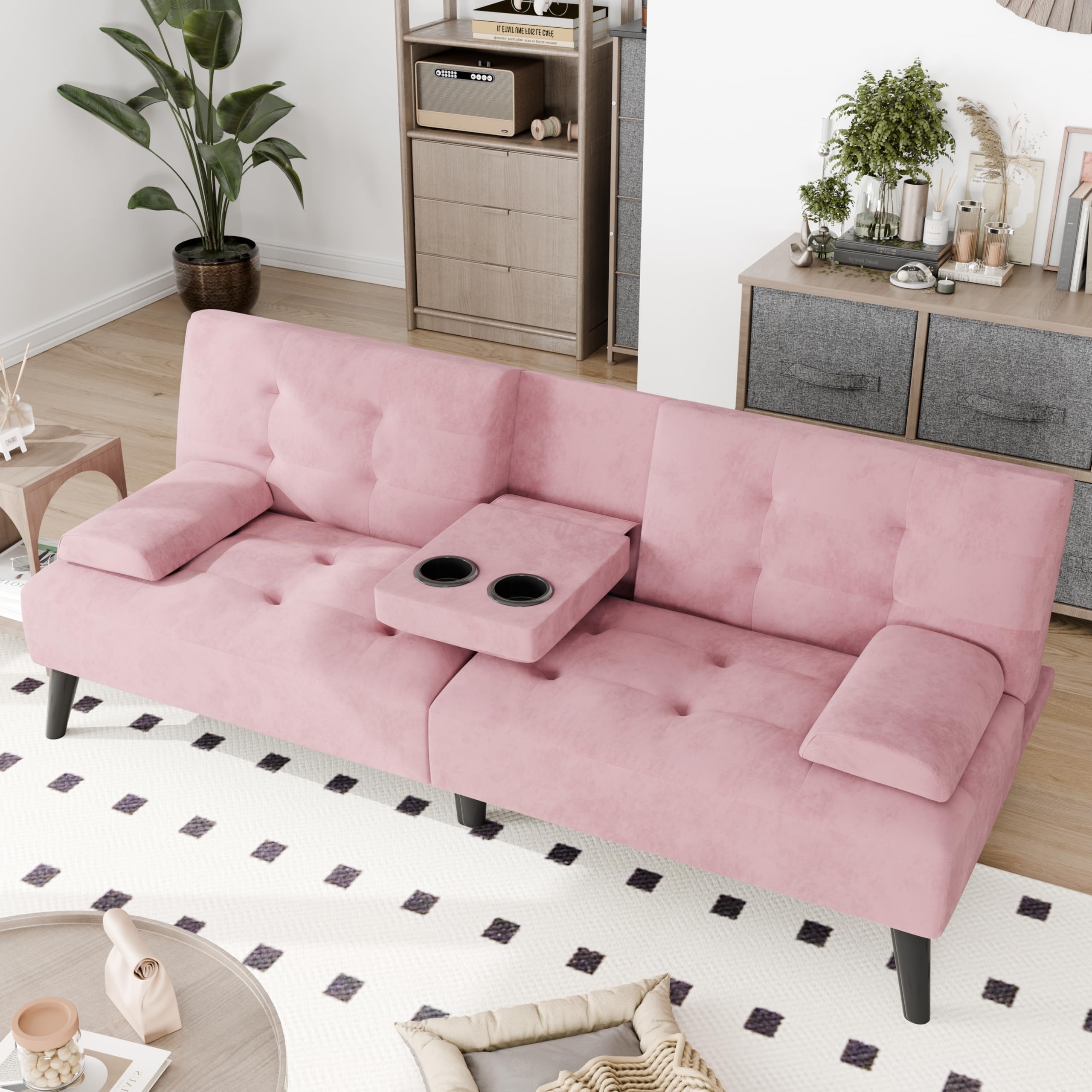 Pink Velvet Convertible Futon Sofa Bed with Cup Holders