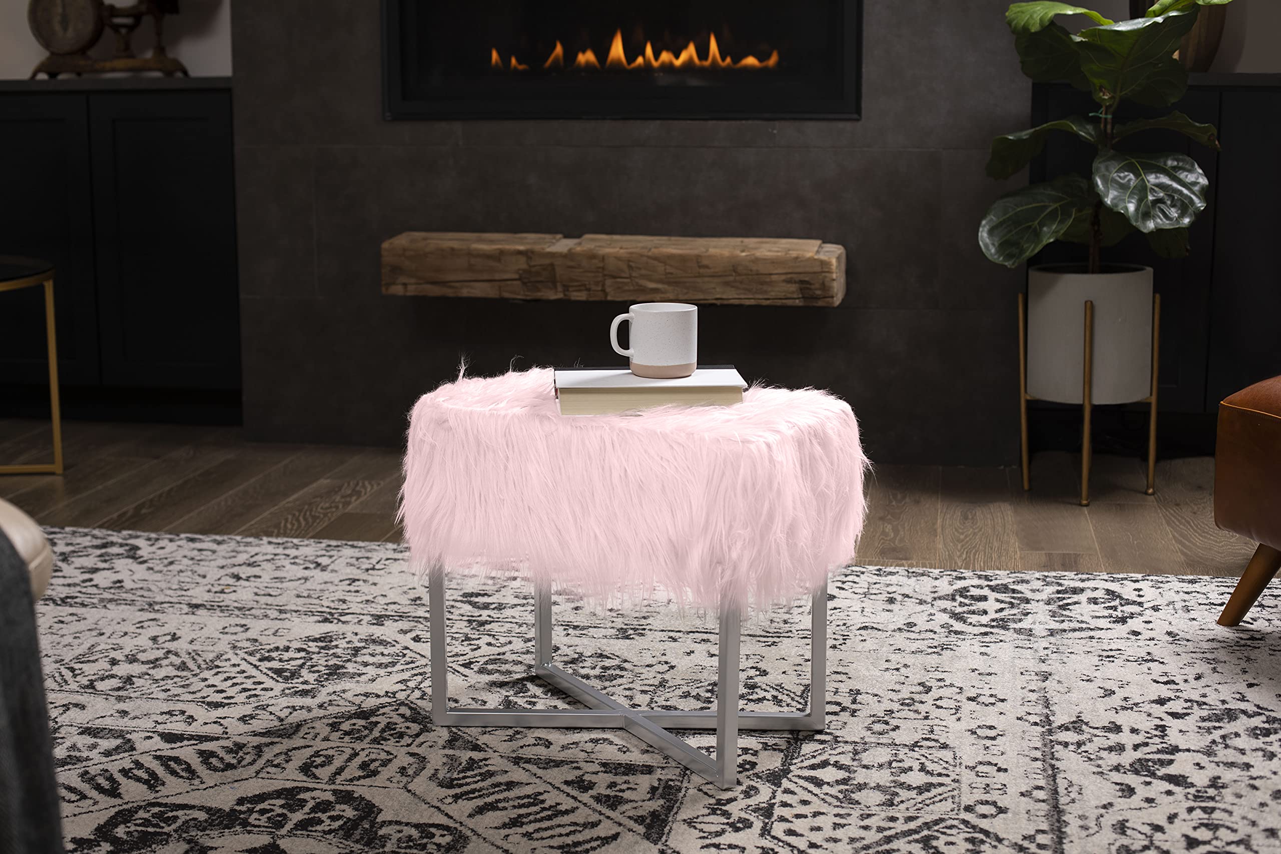 Rectangular Faux Fur Vanity Stool Ottoman Pink