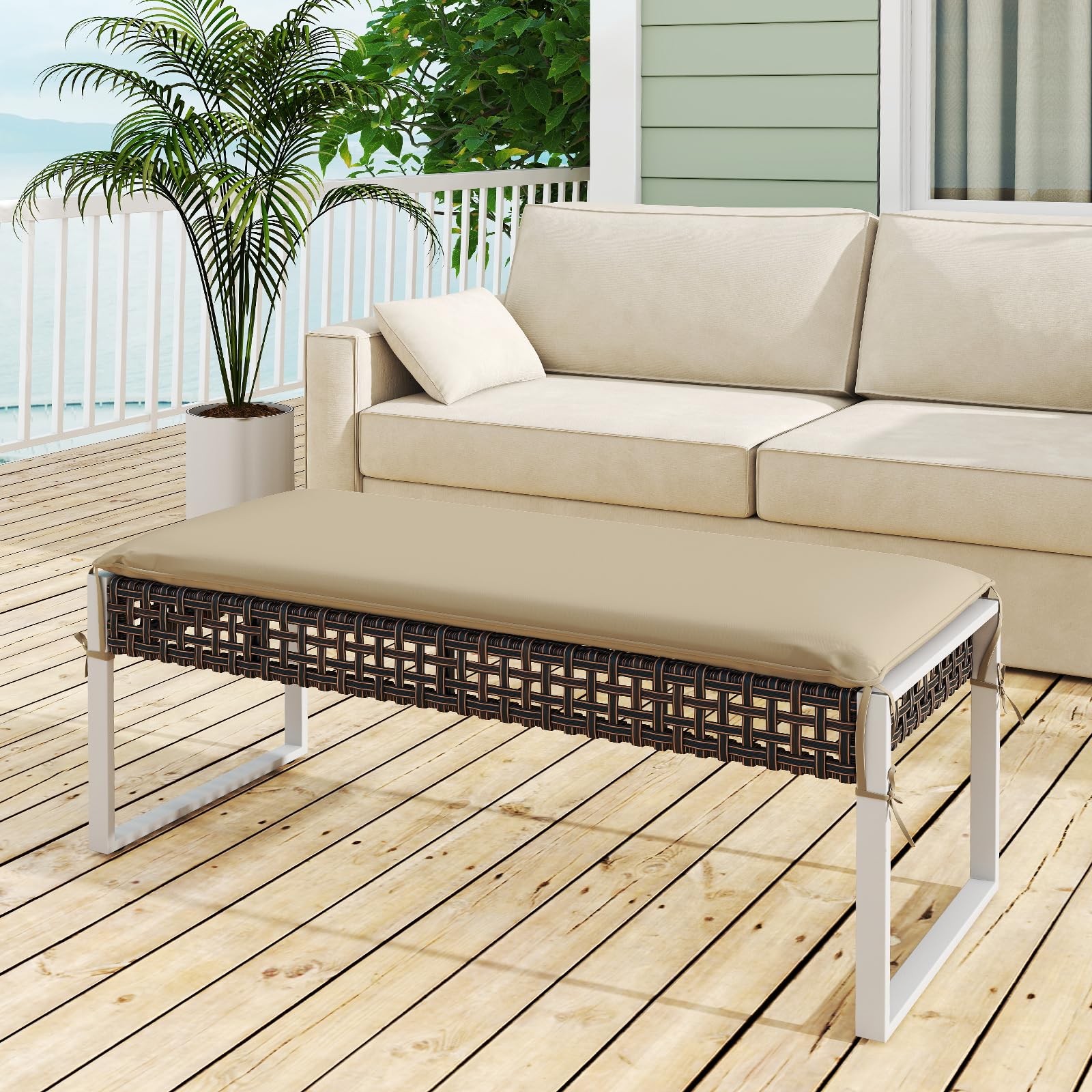 Outdoor Rattan Ottoman Bench with Cushion