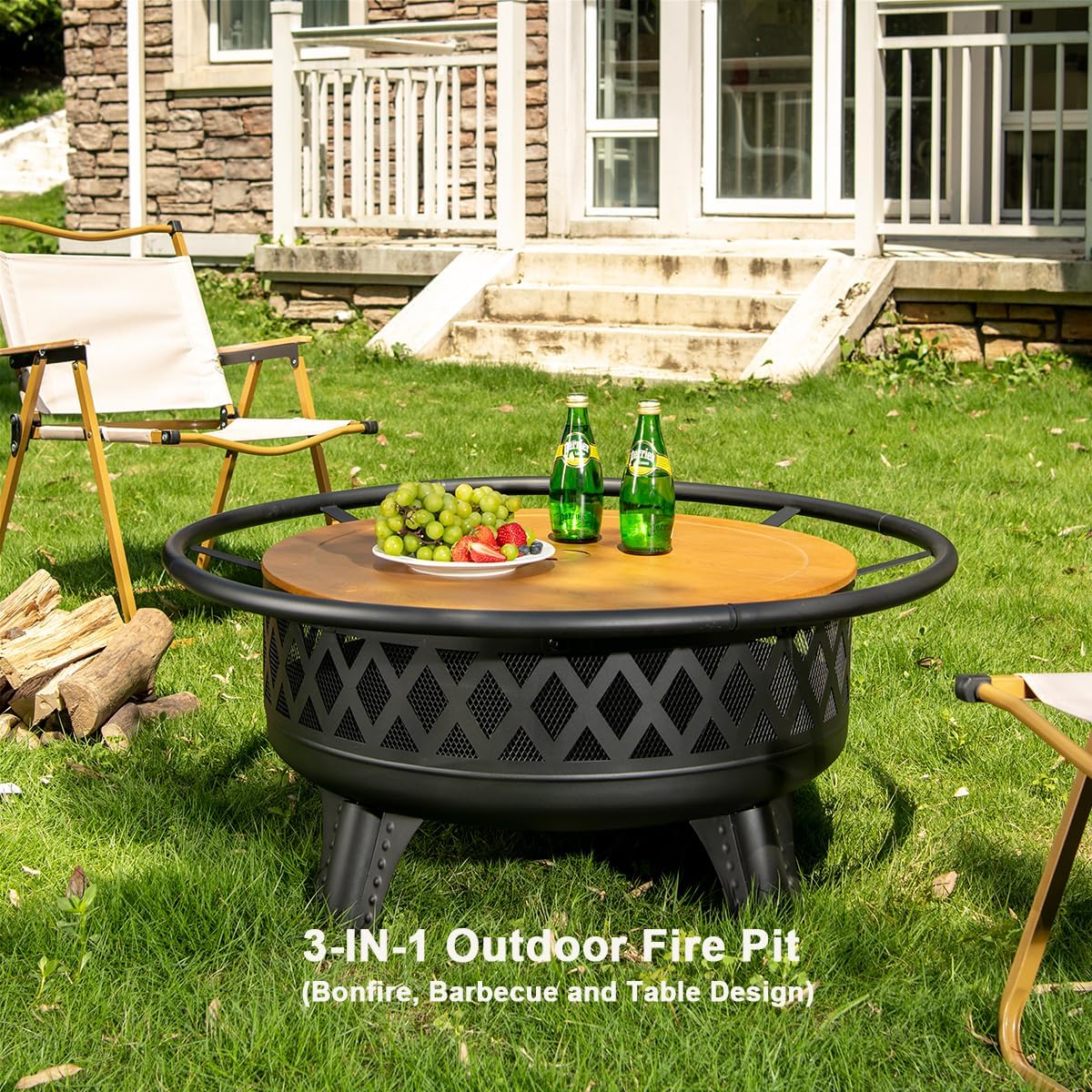 38 Inch Round Wood Burning Fire Pit with Grill