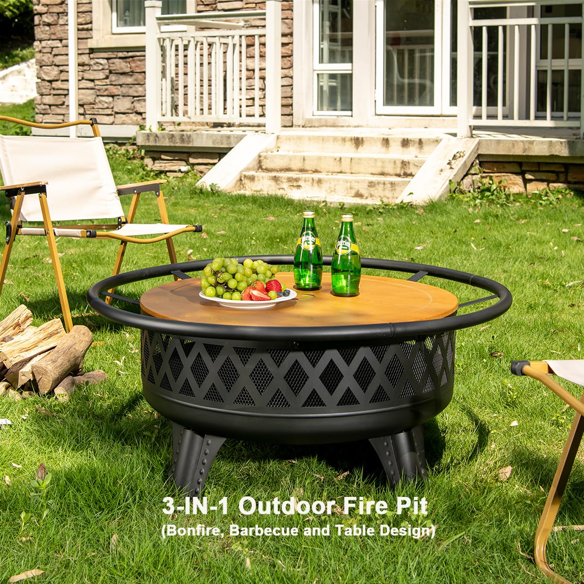 38 Inch Round Wood Burning Fire Pit with Grill