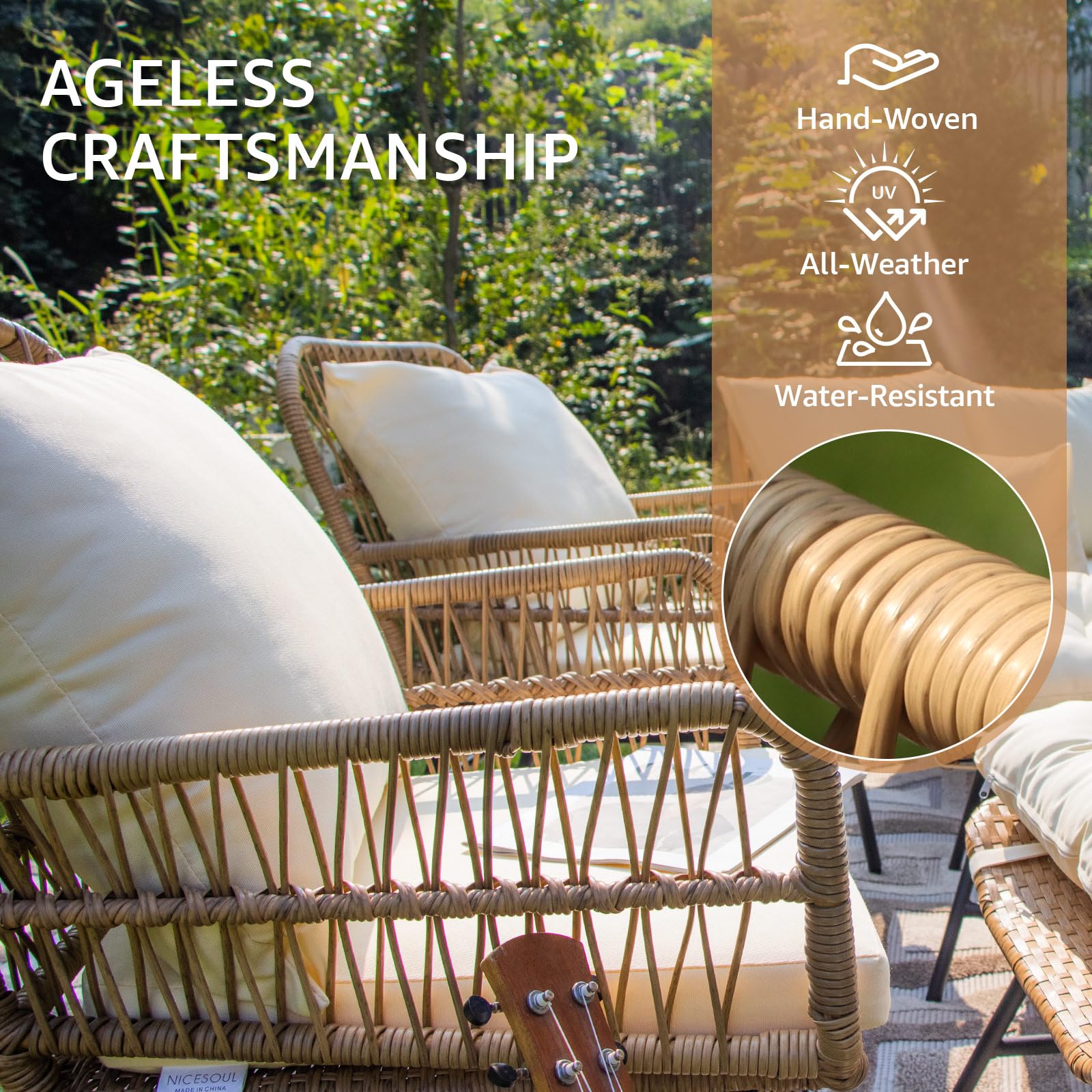 Boho L-Shaped Patio Sectional Sofa Set with Ice Bucket Table