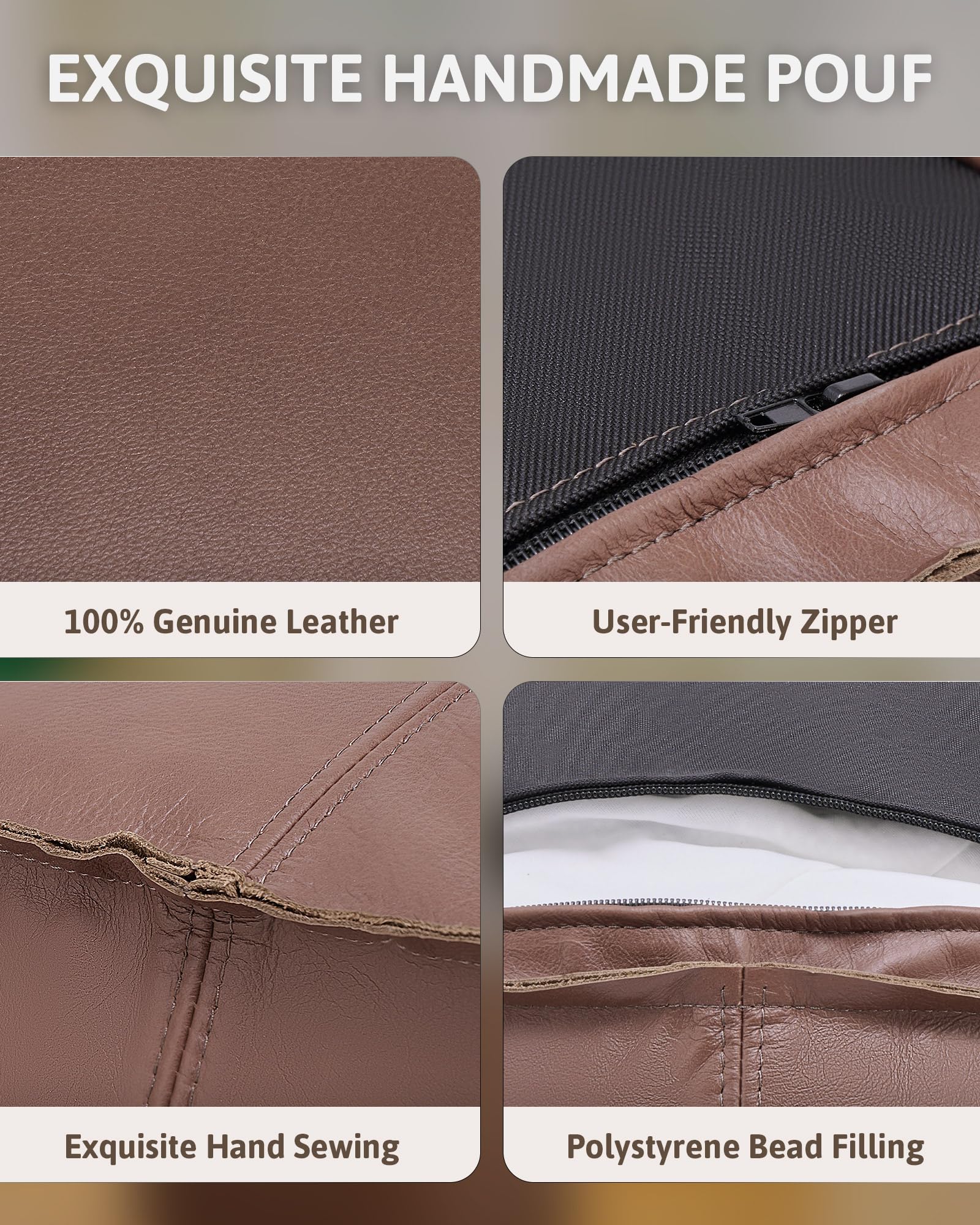 Genuine Leather Square Pouf Ottoman