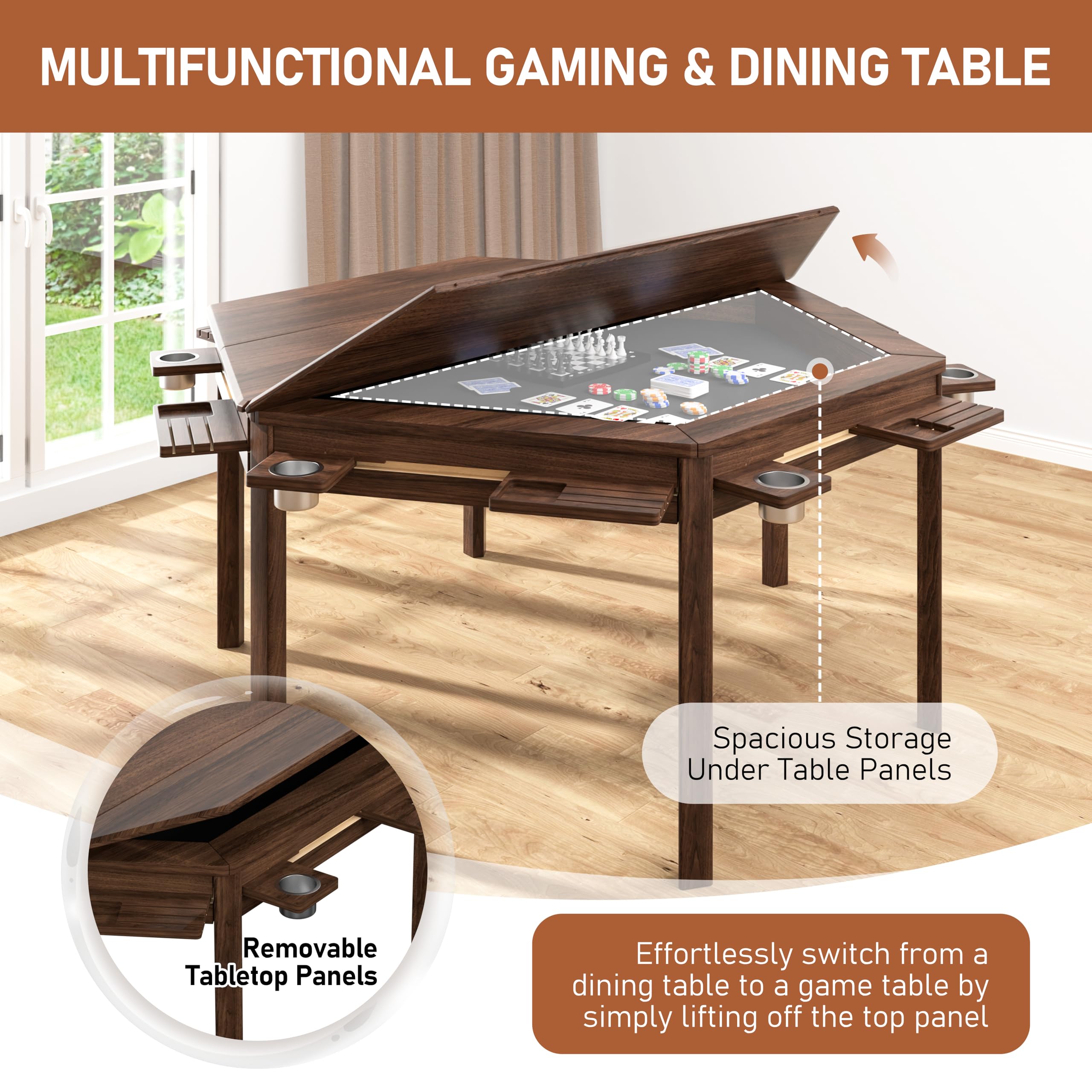 Hexagonal Solid Wood Board Game Table with Removable Top for 6 Players