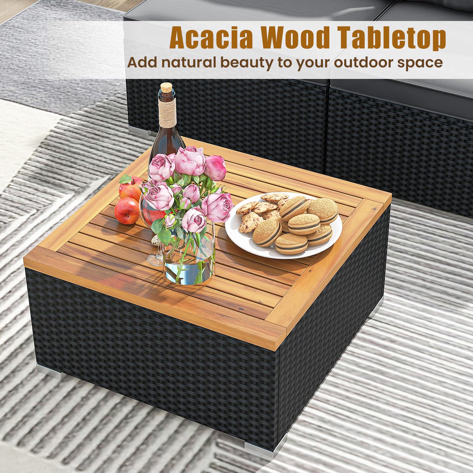 5-Piece PE Rattan Outdoor Sectional Set with Acacia Wood Coffee Table