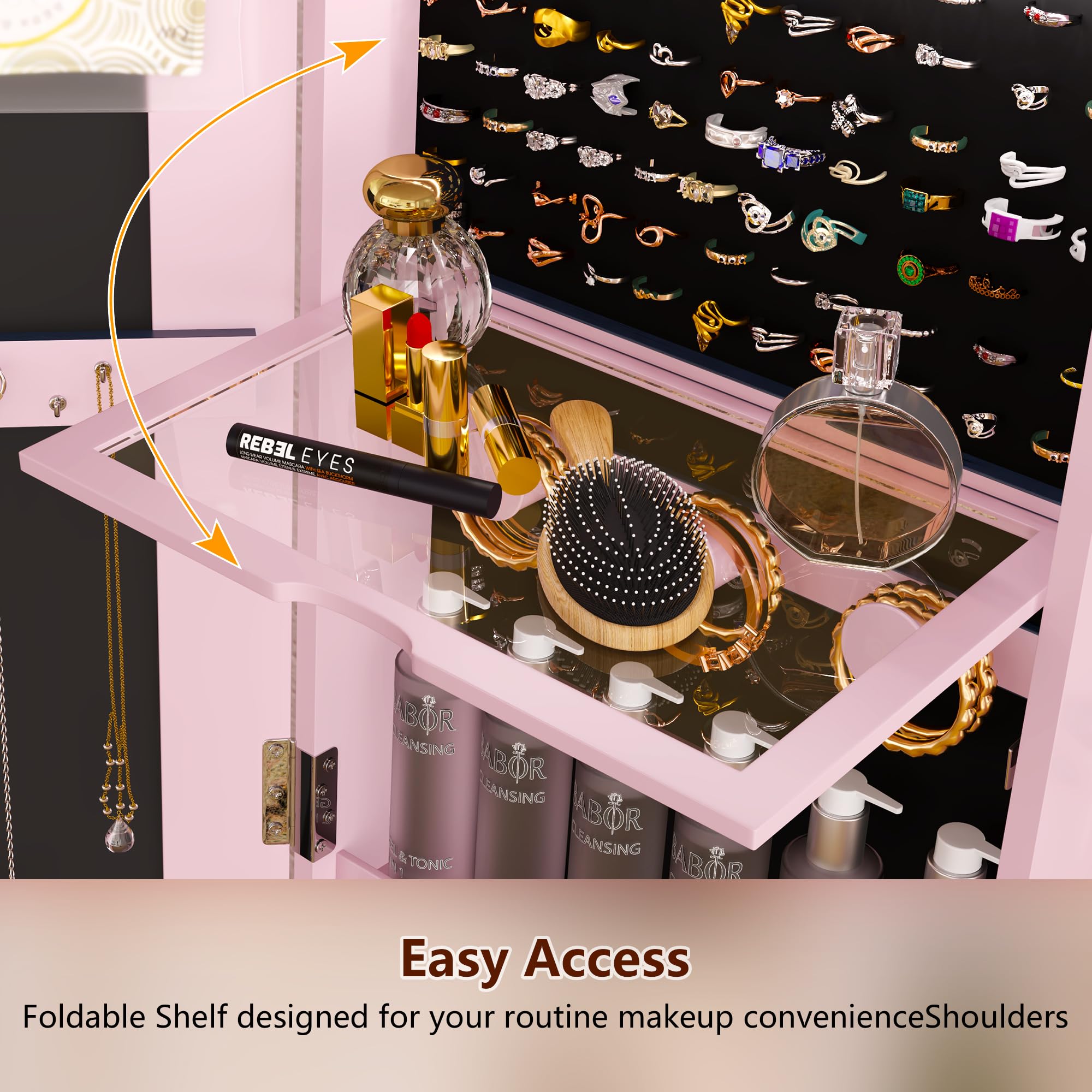 LED Mirror Jewelry Cabinet with 360° Swivel Storage