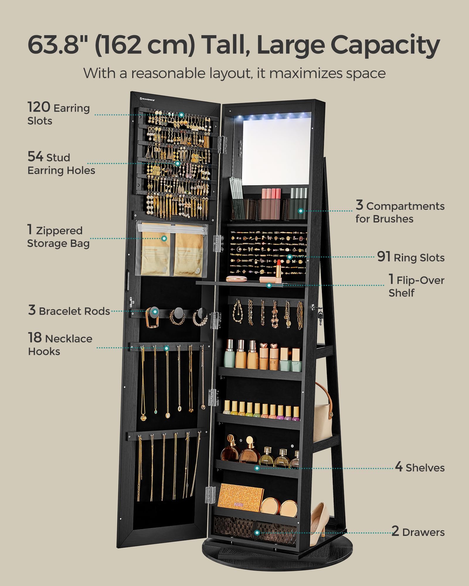 6 LED Lockable Mirror Jewelry Cabinet with 360° Swivel