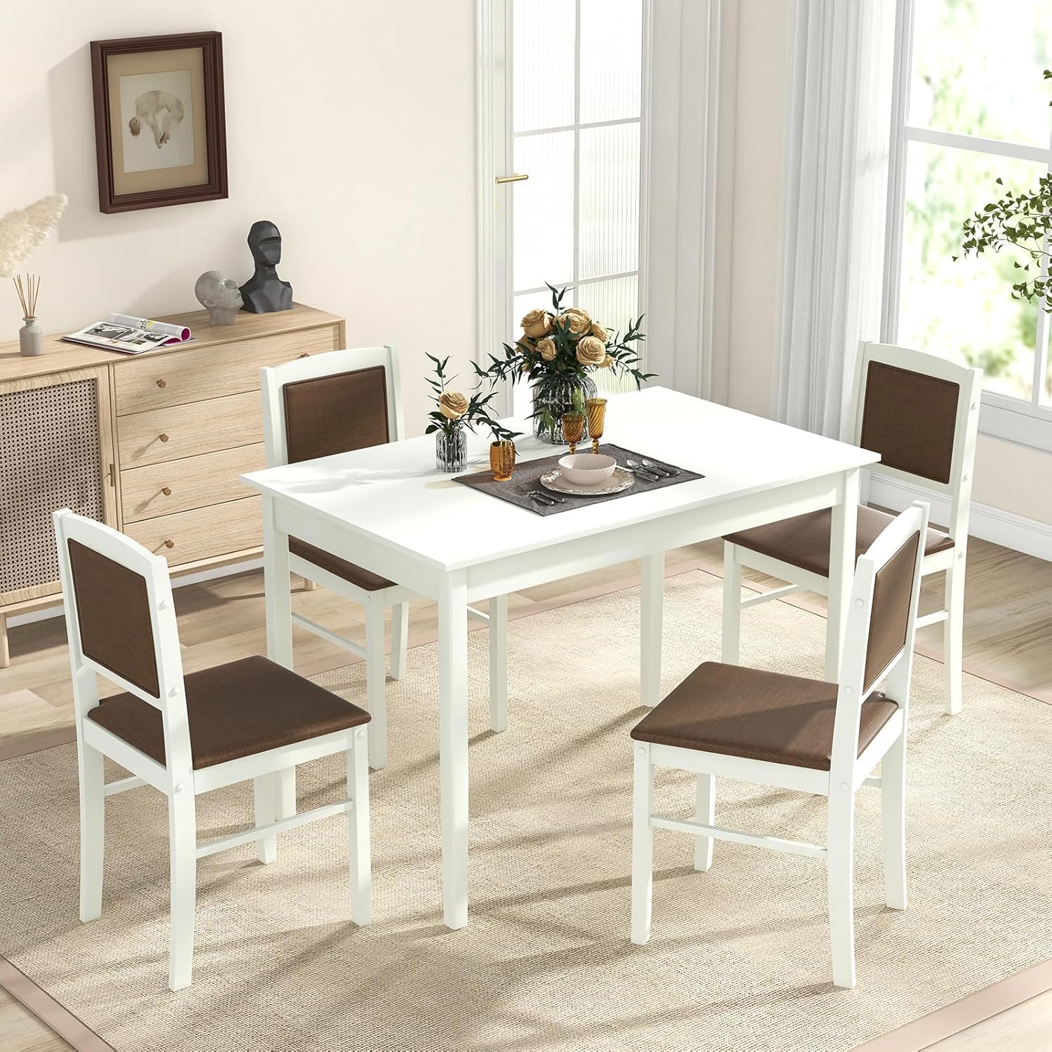 5-Piece Solid Wood Dining Set with Upholstered Chairs