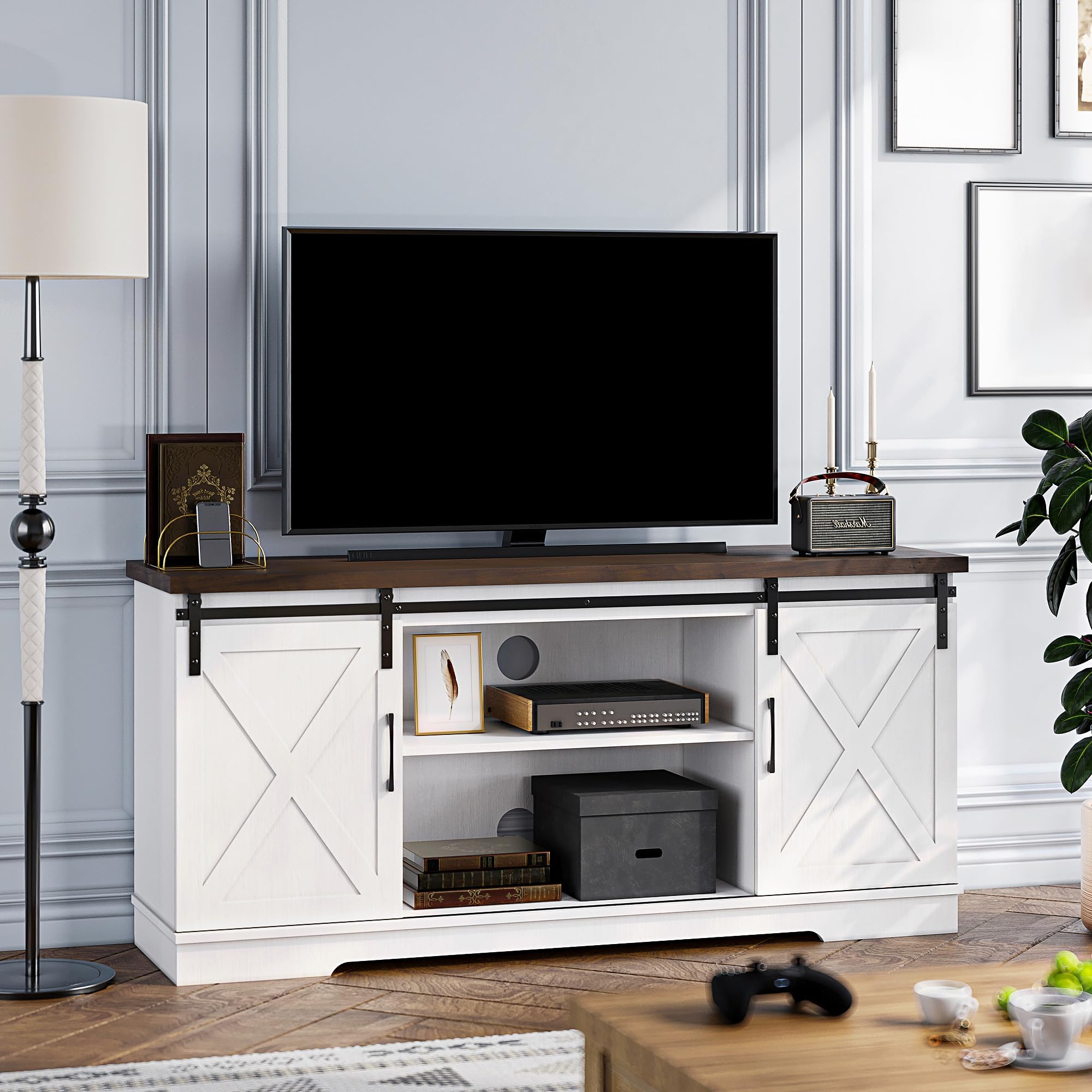 Farmhouse TV Stand with Sliding Barn Doors for TVs up to 65"