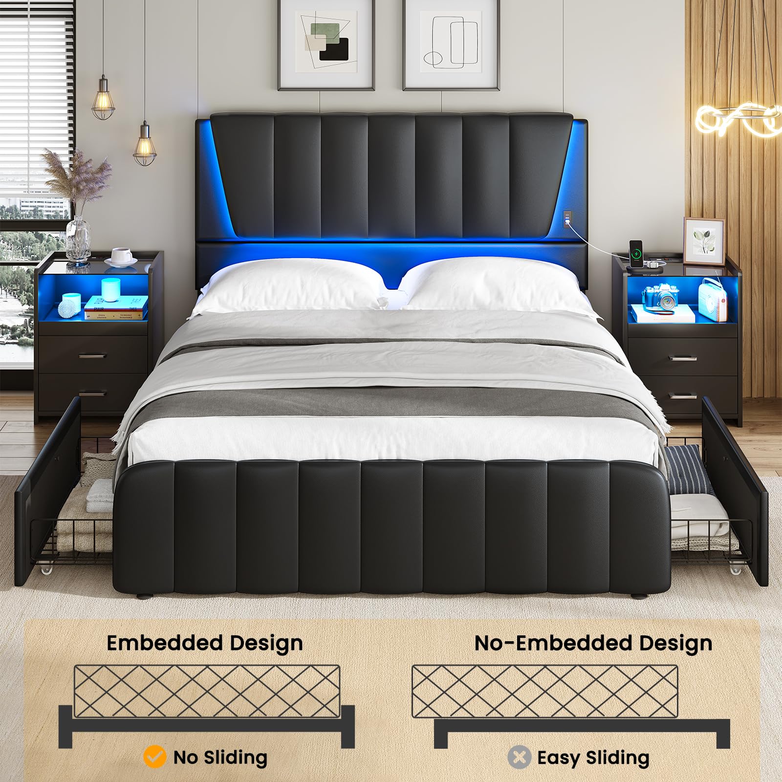 Full Size LED Bed Frame with Storage Drawers and USB Ports