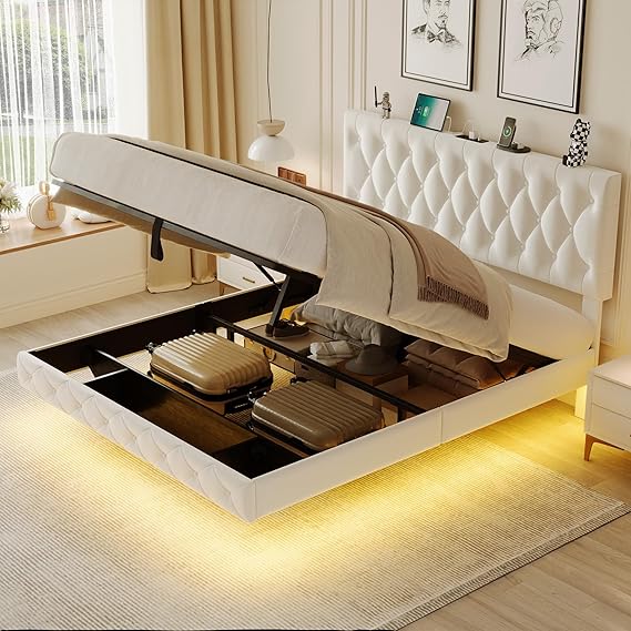 Queen Size Hydraulic Lift Storage Bed with LED Lights