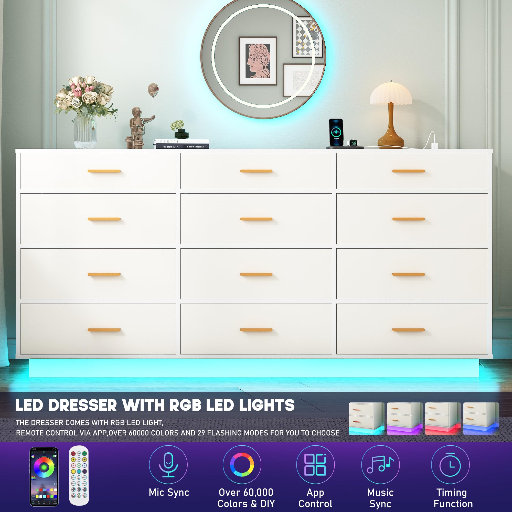 White 12 Drawer Dresser with Power Outlet and LED Lights
