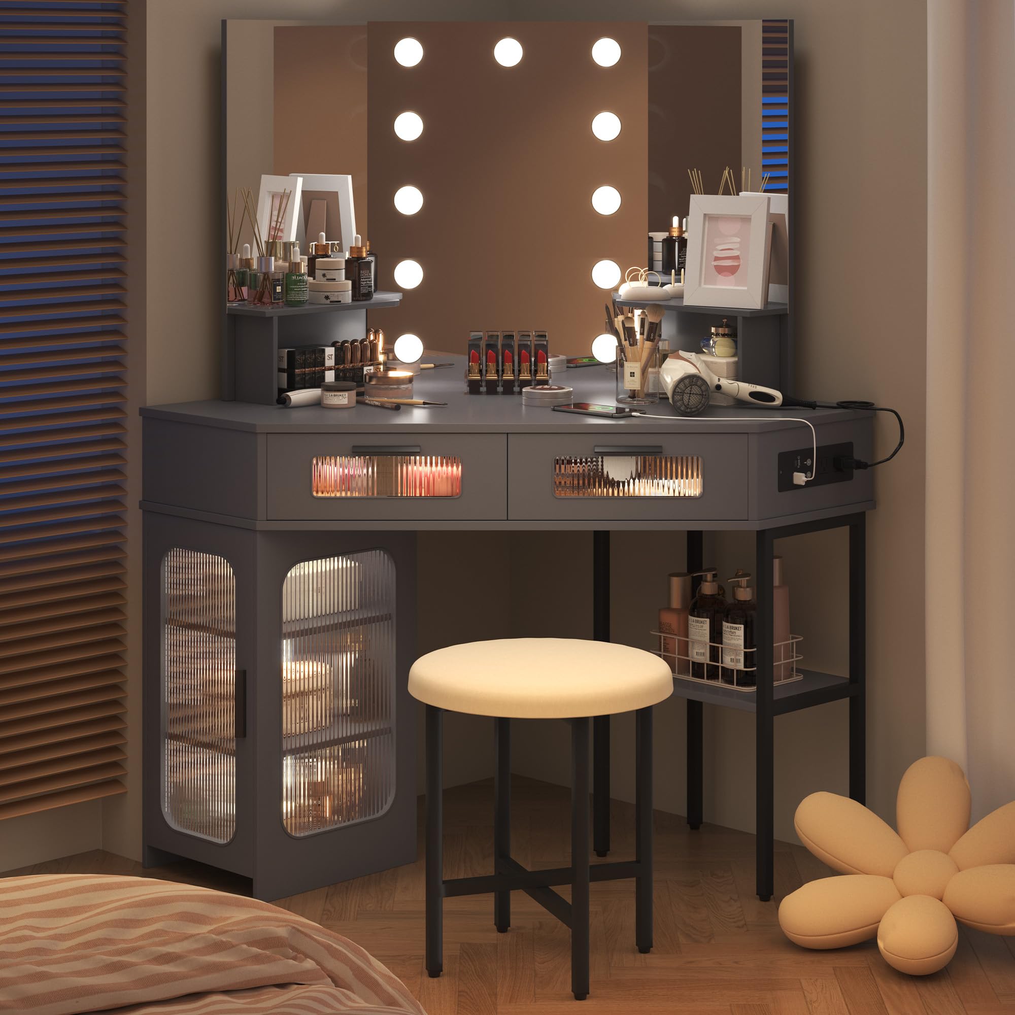 Corner Makeup Vanity Desk with Hollywood Mirror and Lights