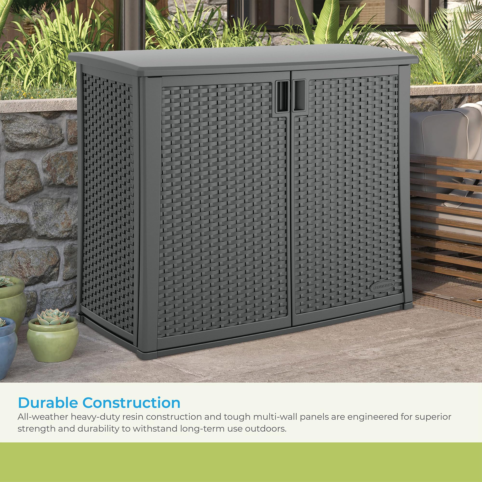 Plastic Outdoor Storage Cabinet - Waterproof Wicker Resin - Cool Gray