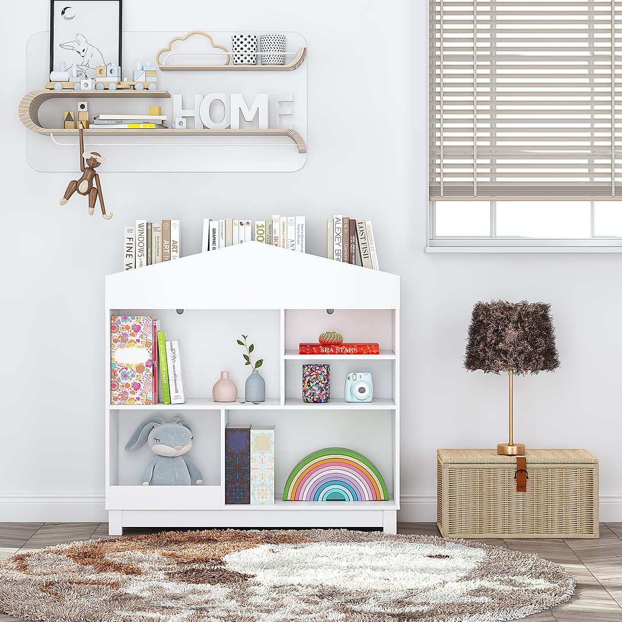 UTEX Kids Bookshelf, Wooden Childrens Bookcases and Toy Storage, Doll House Book Shelves Nursery Book Rack for Classroom Bedroom, White