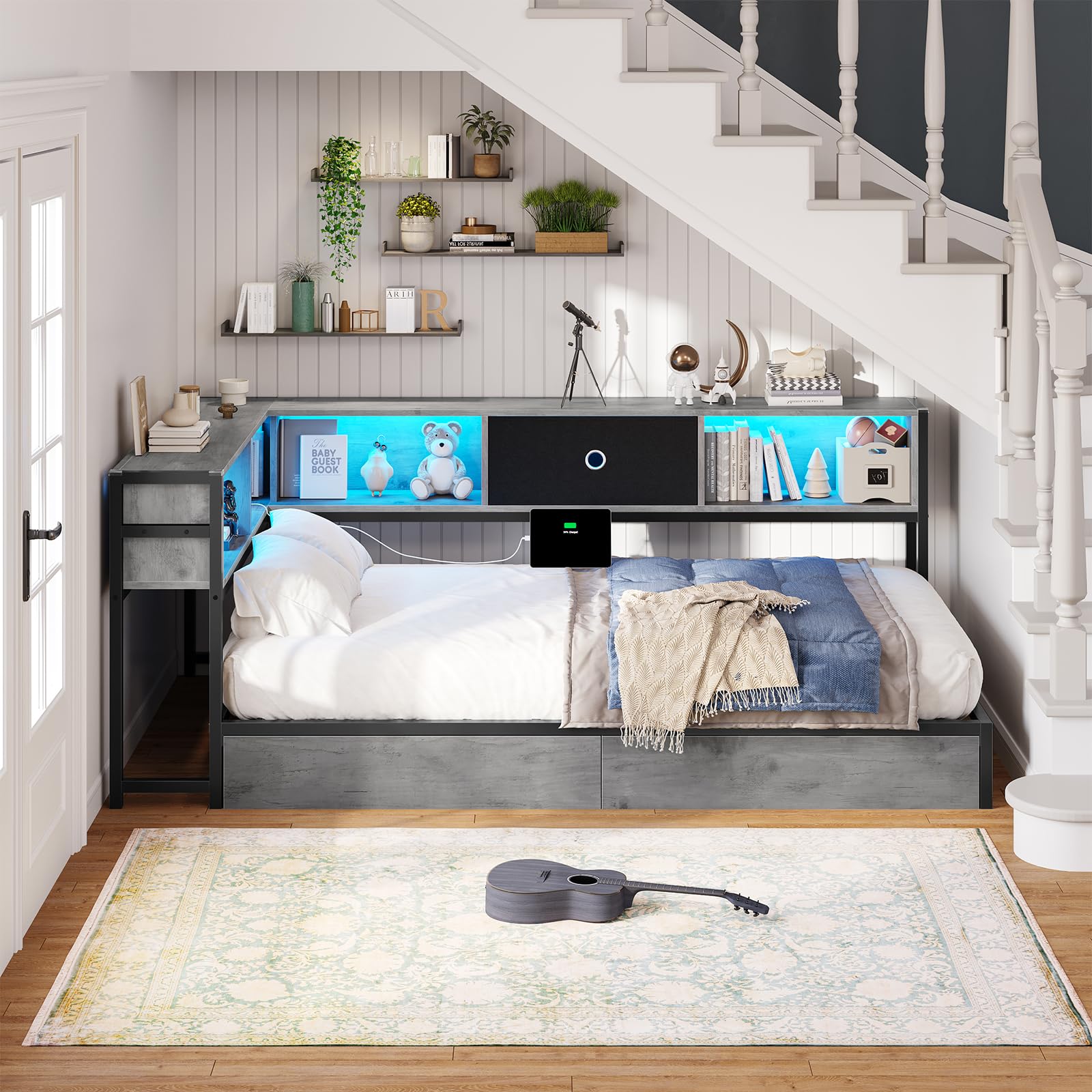 Twin Corner Bed Frame with Storage Drawers and Bookcase Headboard
