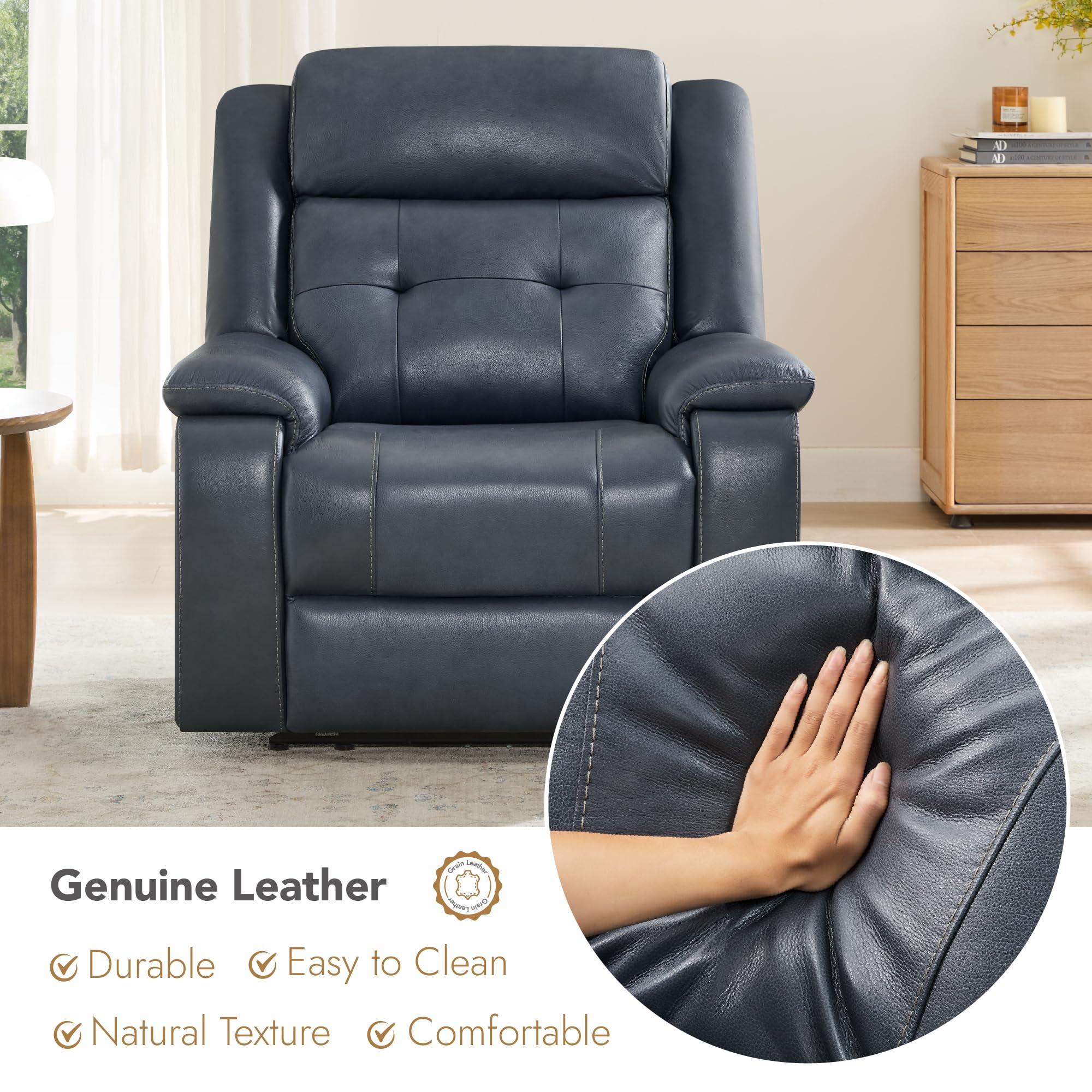 Watson & Whitely Genuine Leather Power Recliner Chair for Adults, Wall Hugger Recliner with Power Headrest, Cup Holders & Charging Ports, Electric Reclining Chairs for Living Room, RV, Navy Blue