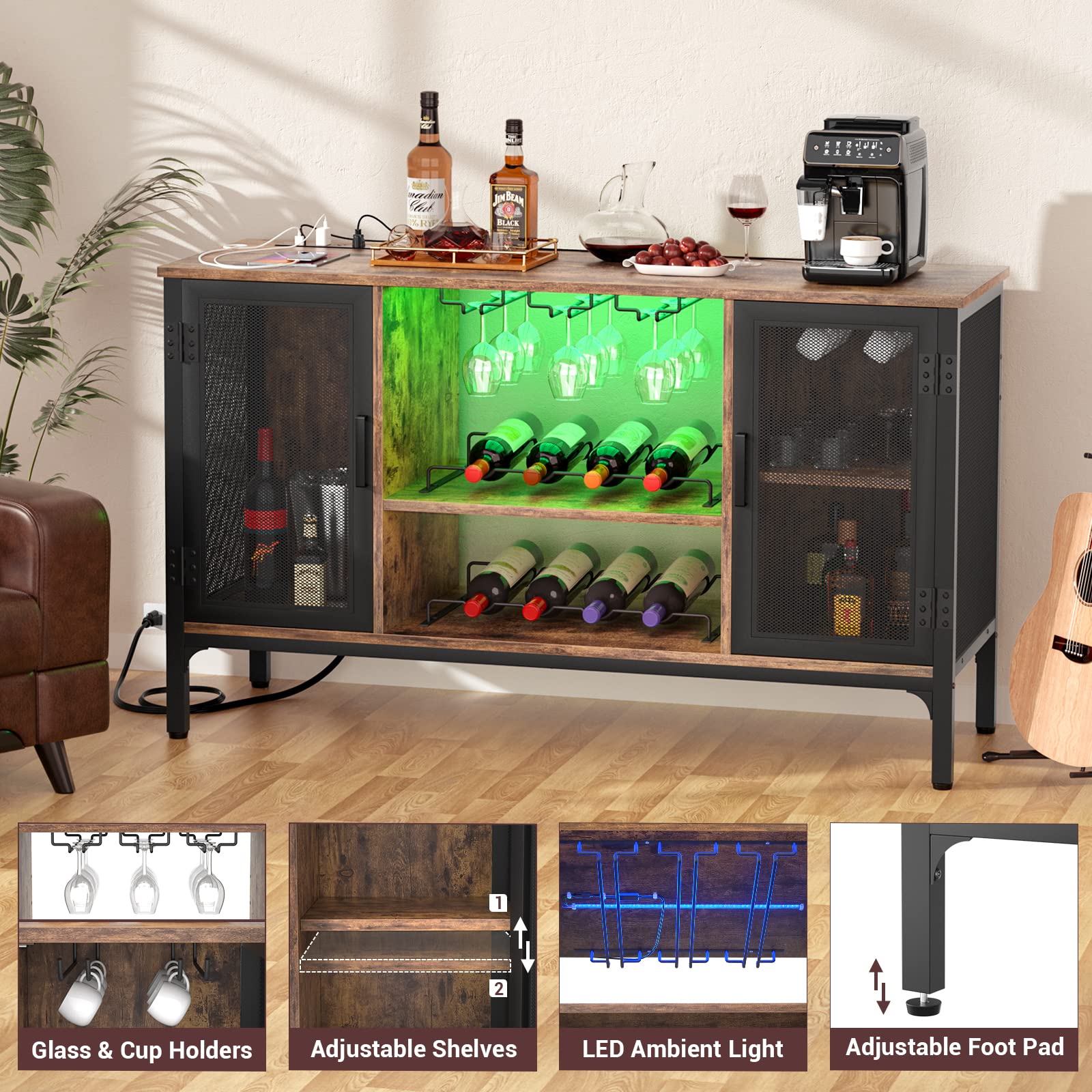 Industrial Bar Cabinet with LED Lights and Wine Rack