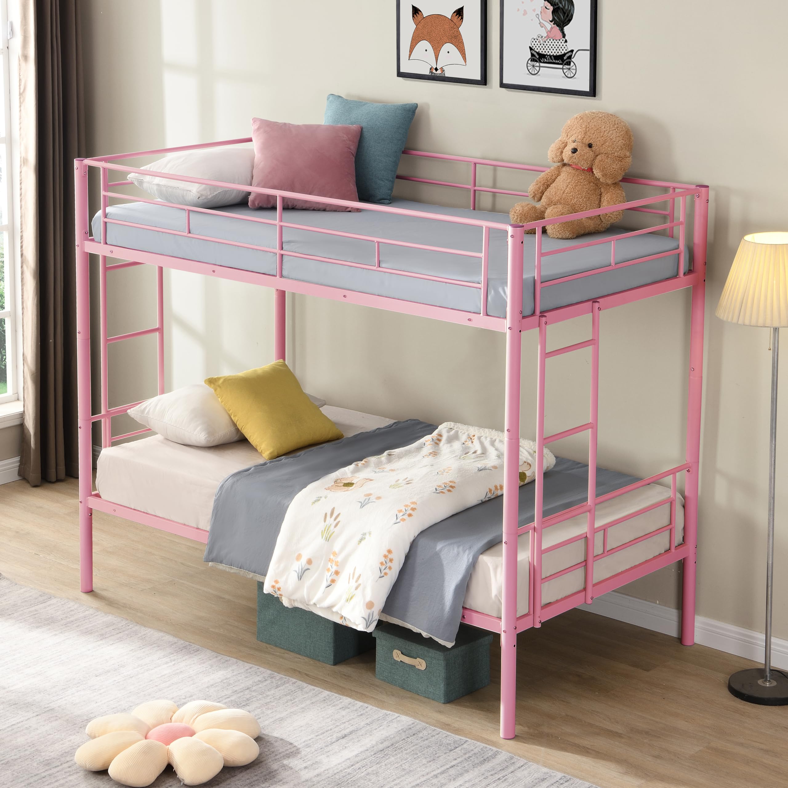 Twin Over Twin Metal Bunk Bed with Ladder and Guardrail - Pink