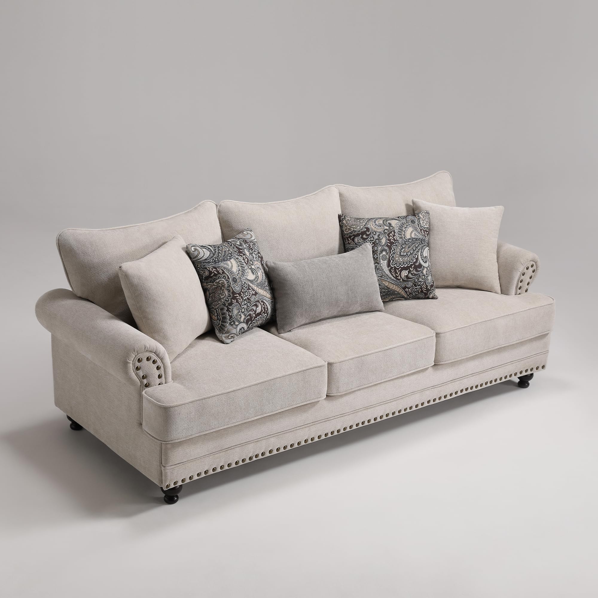 3-Seat Chenille Sofa with Nailhead Trim