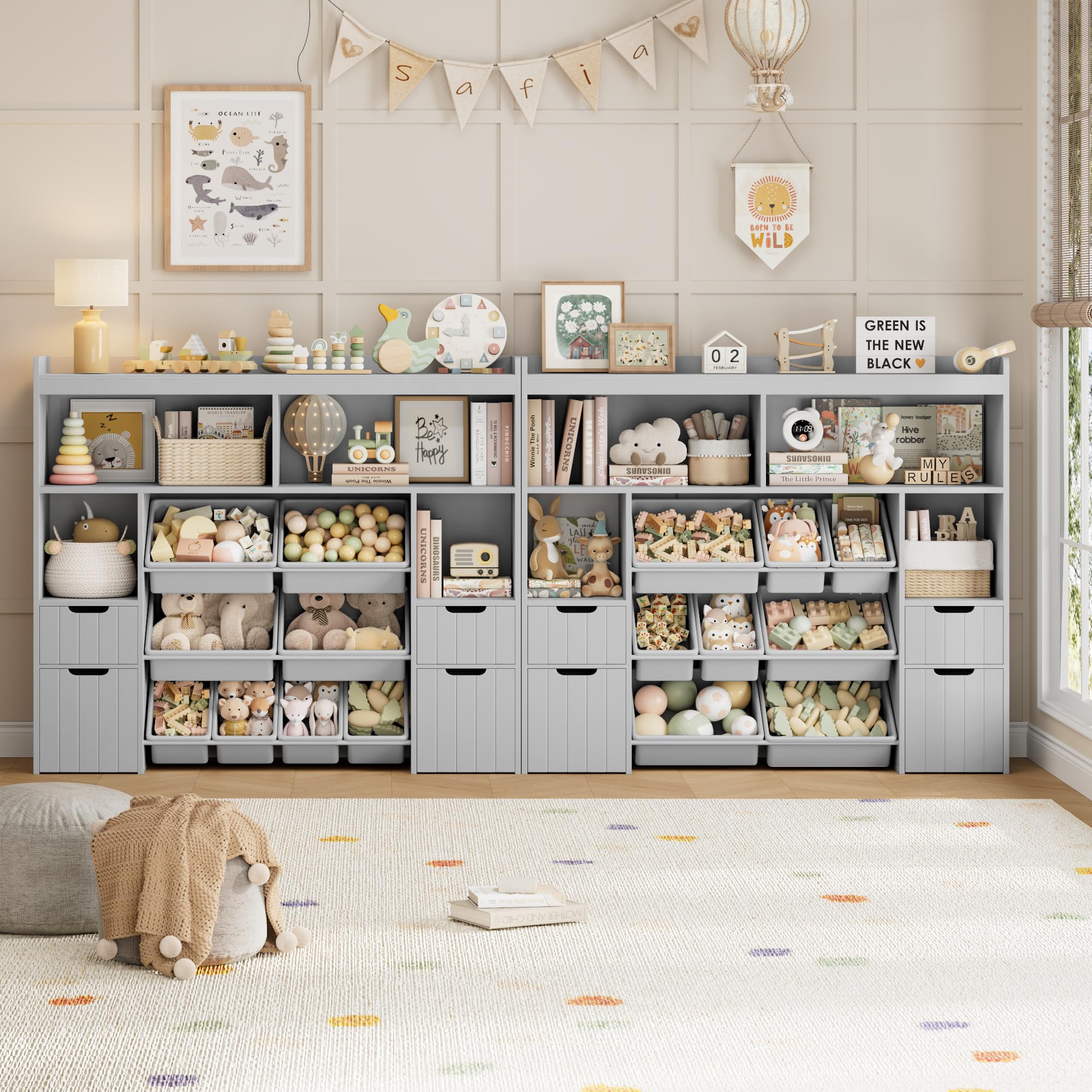 55" Toy Storage Organizer with Drawers and Removable Bins