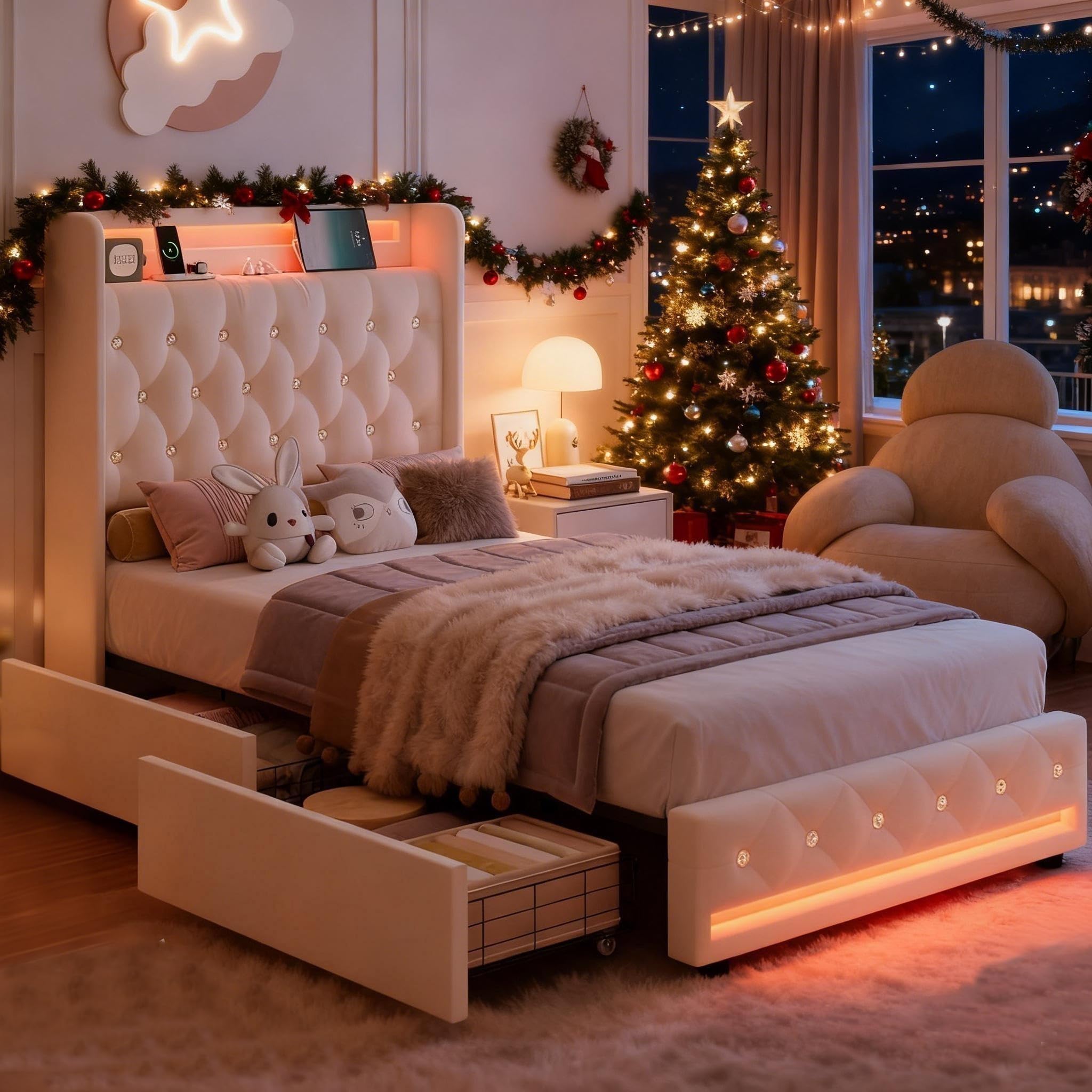 Twin LED Bed Frame with Charging Station & Storage Drawers