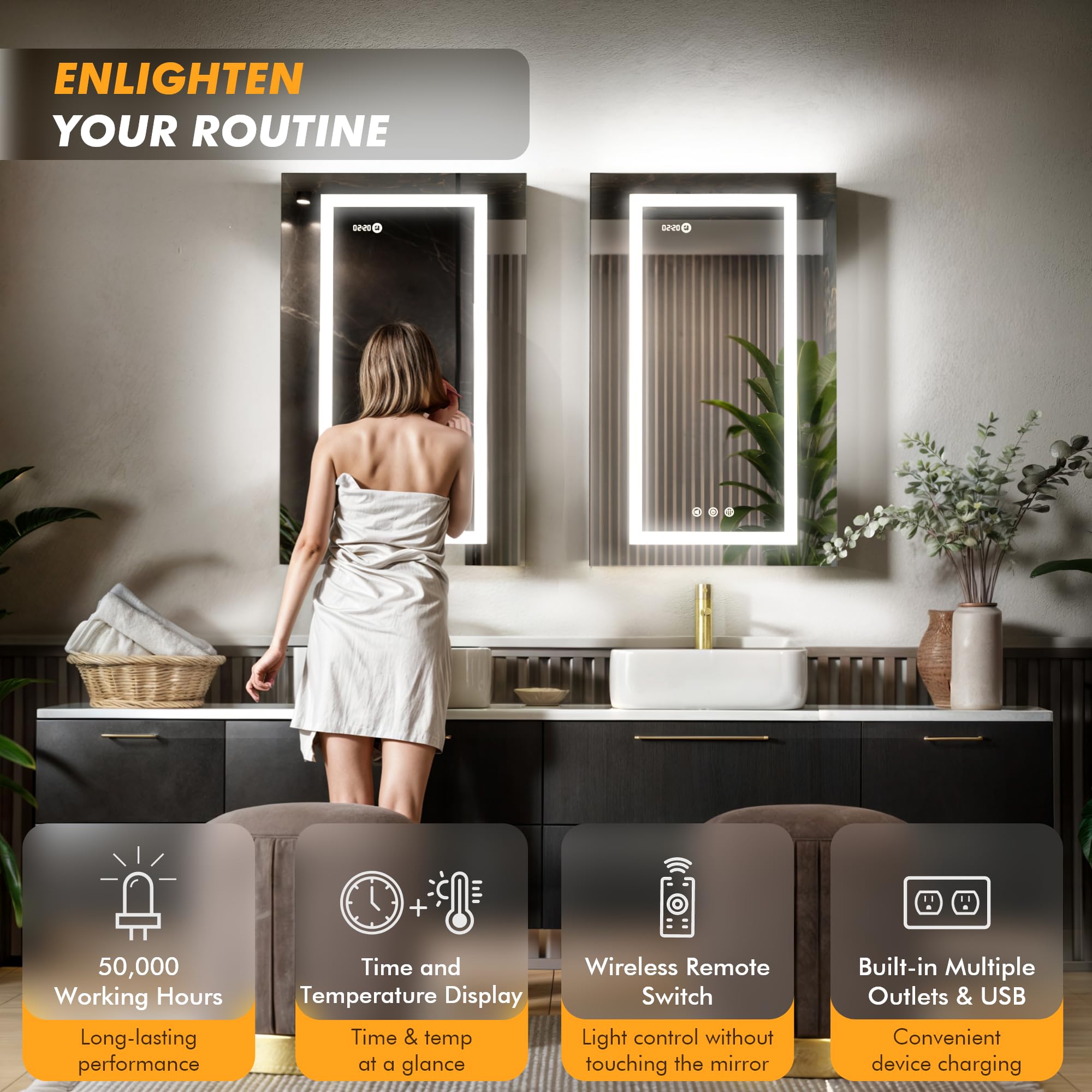 LED Lighted Medicine Cabinet with Clock, Temperature Display & USB Outlets