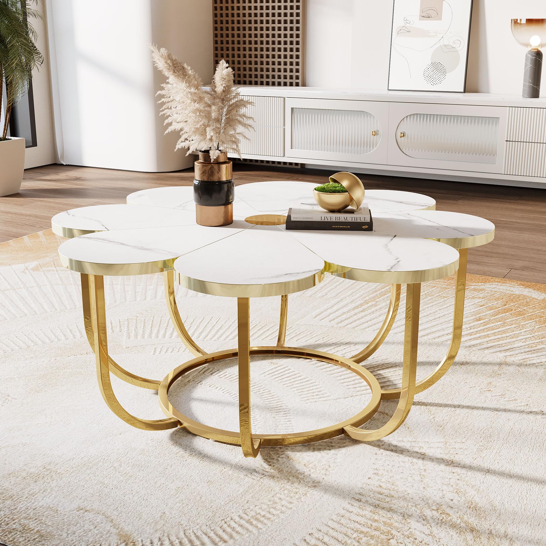 White and Gold Coffee Table with Flower-Shaped Marble Tabletop