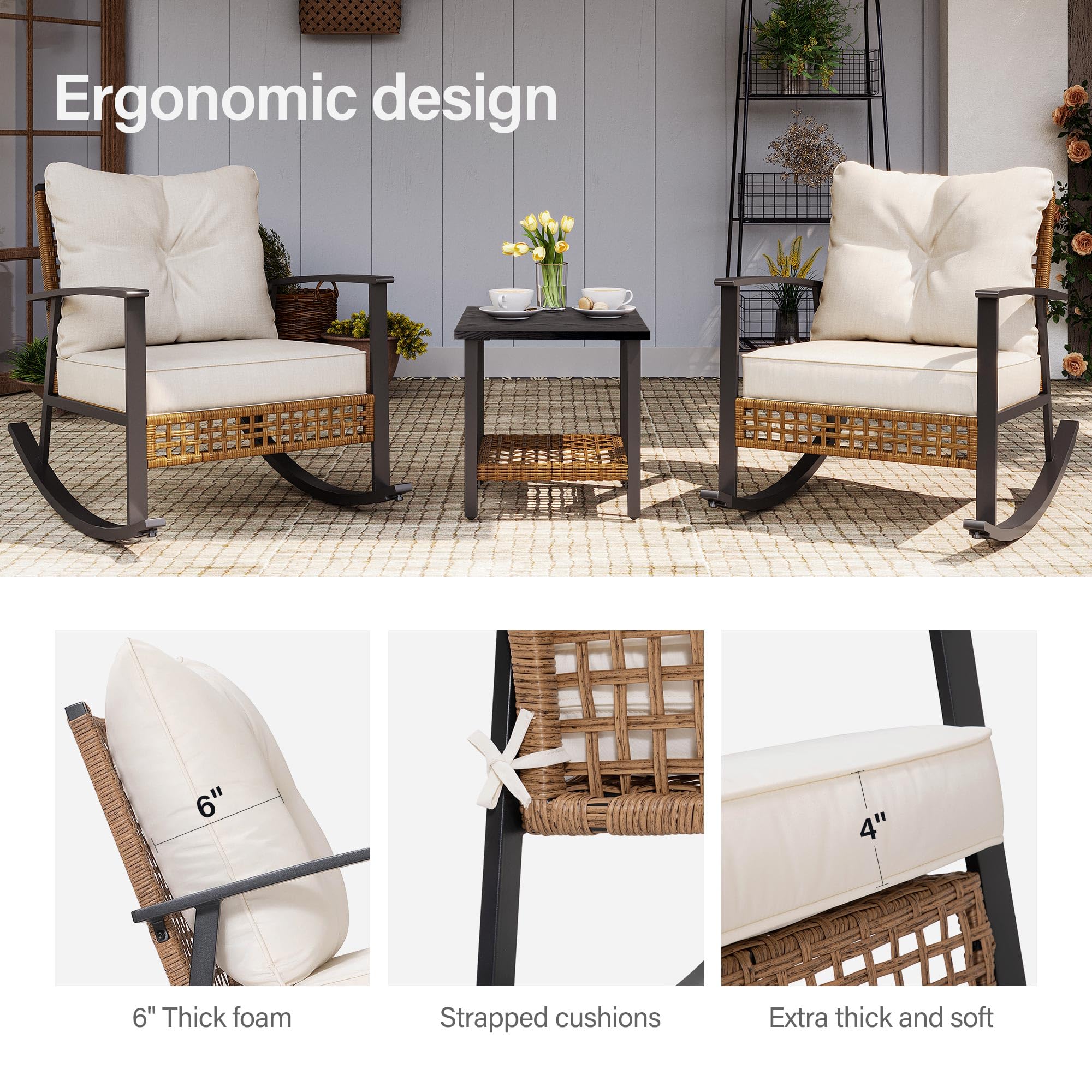 3-Piece Rocking Bistro Set with Cushions and Coffee Table