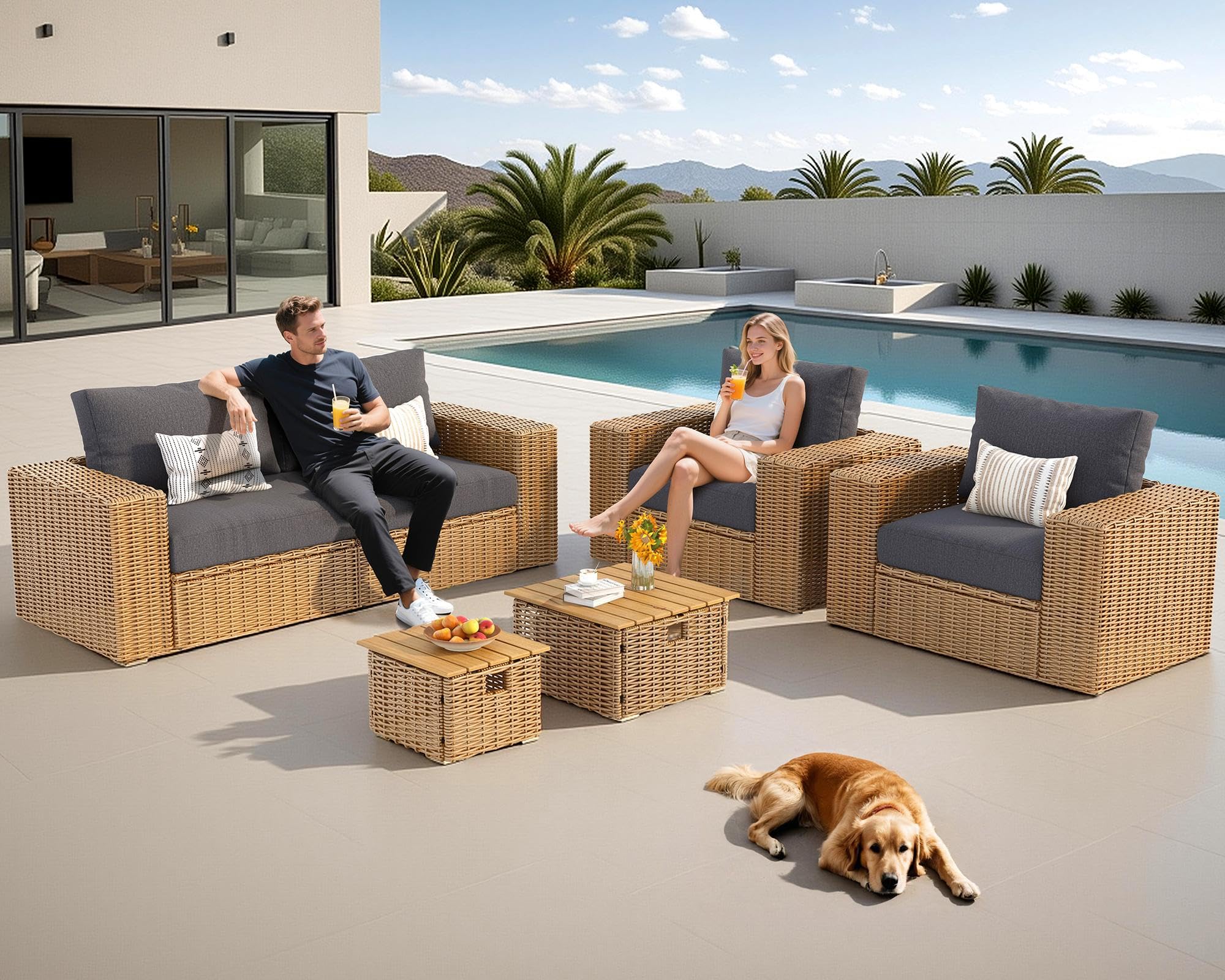 6-Piece Patio Sofa Set with Convertible Coffee Table
