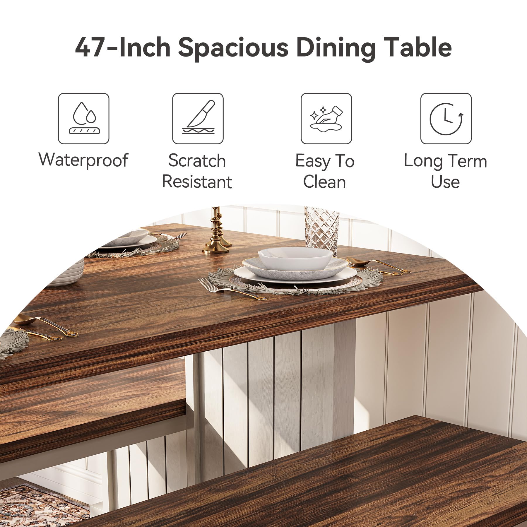 Dining Table Set for 4 with 2 Benches - Space-Saving Kitchen Dinette