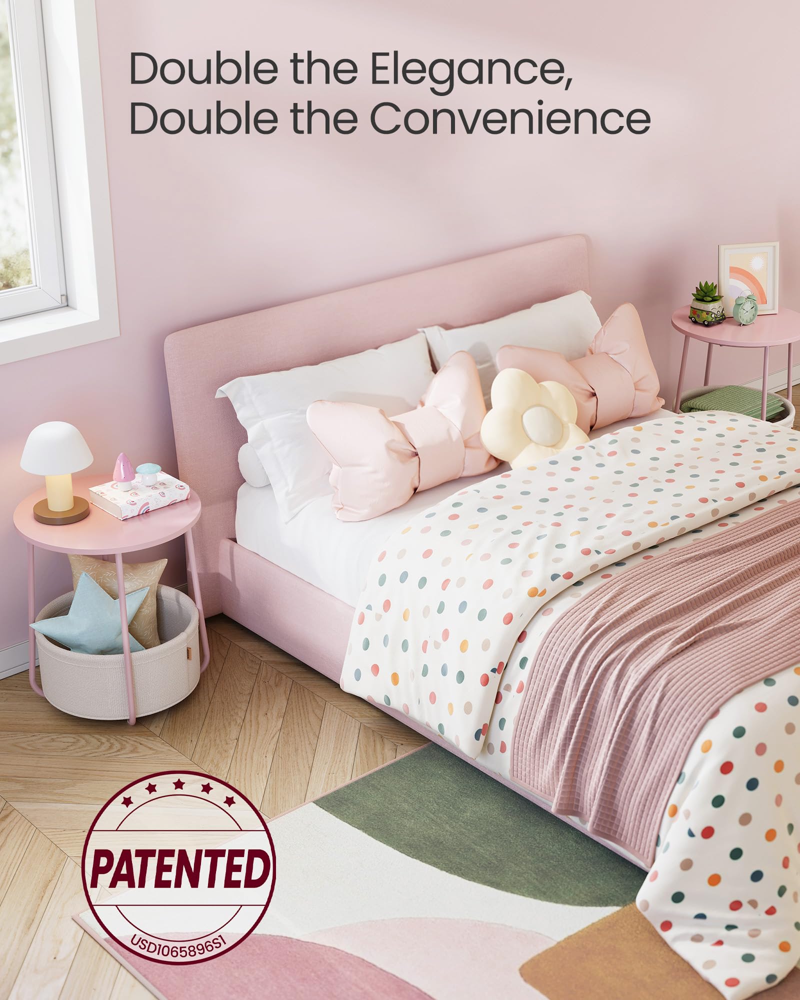 Nightstands Set of 2 Small Round Side Tables with Fabric Basket