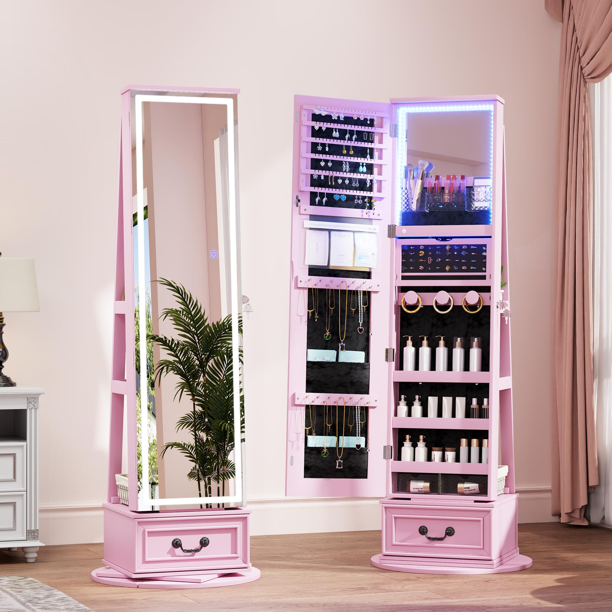 LED Mirror Jewelry Cabinet with 360° Swivel and Storage Drawer